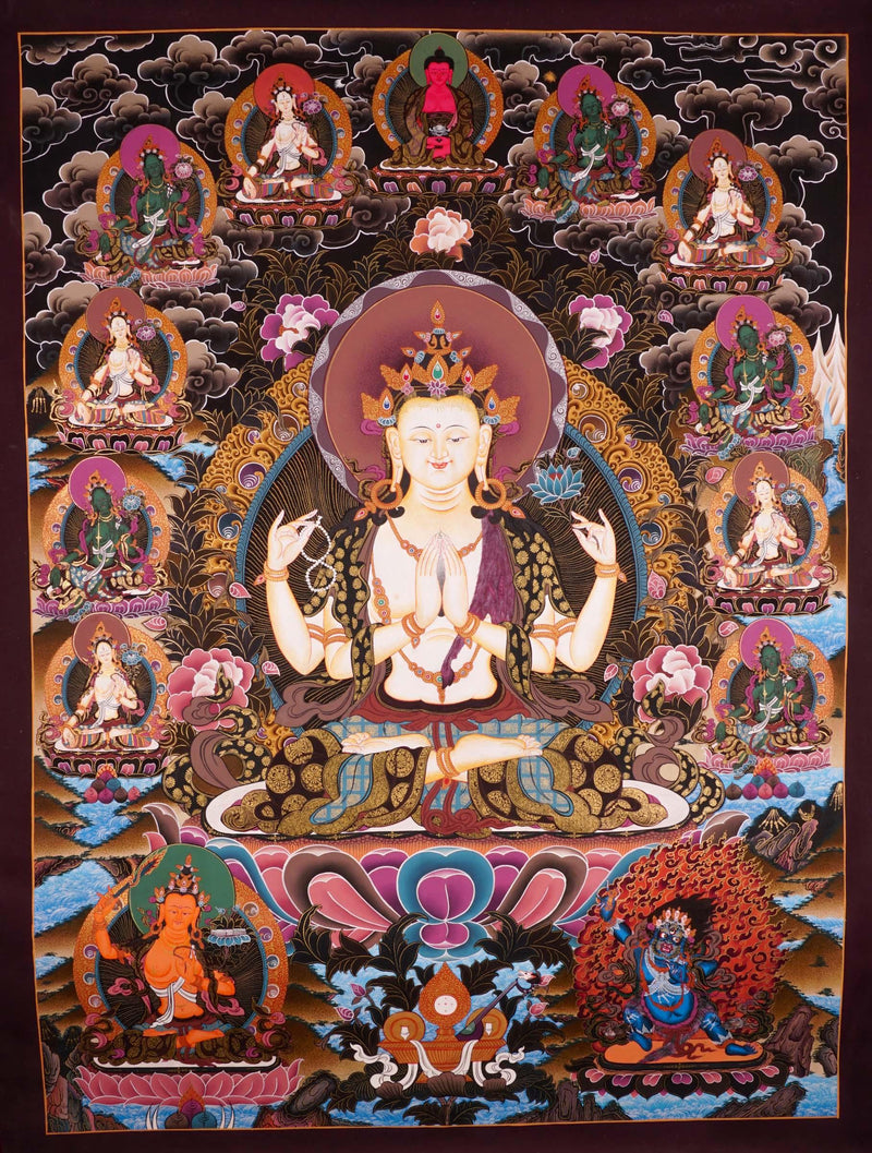 Chengresi Tibetan Thangka Painting with 13 Deities