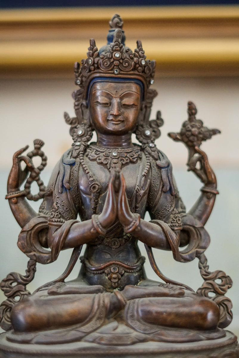 100 % Hand Made Copper Oxidized Fine Carved Chenregsi Statue - Himalayas Shop