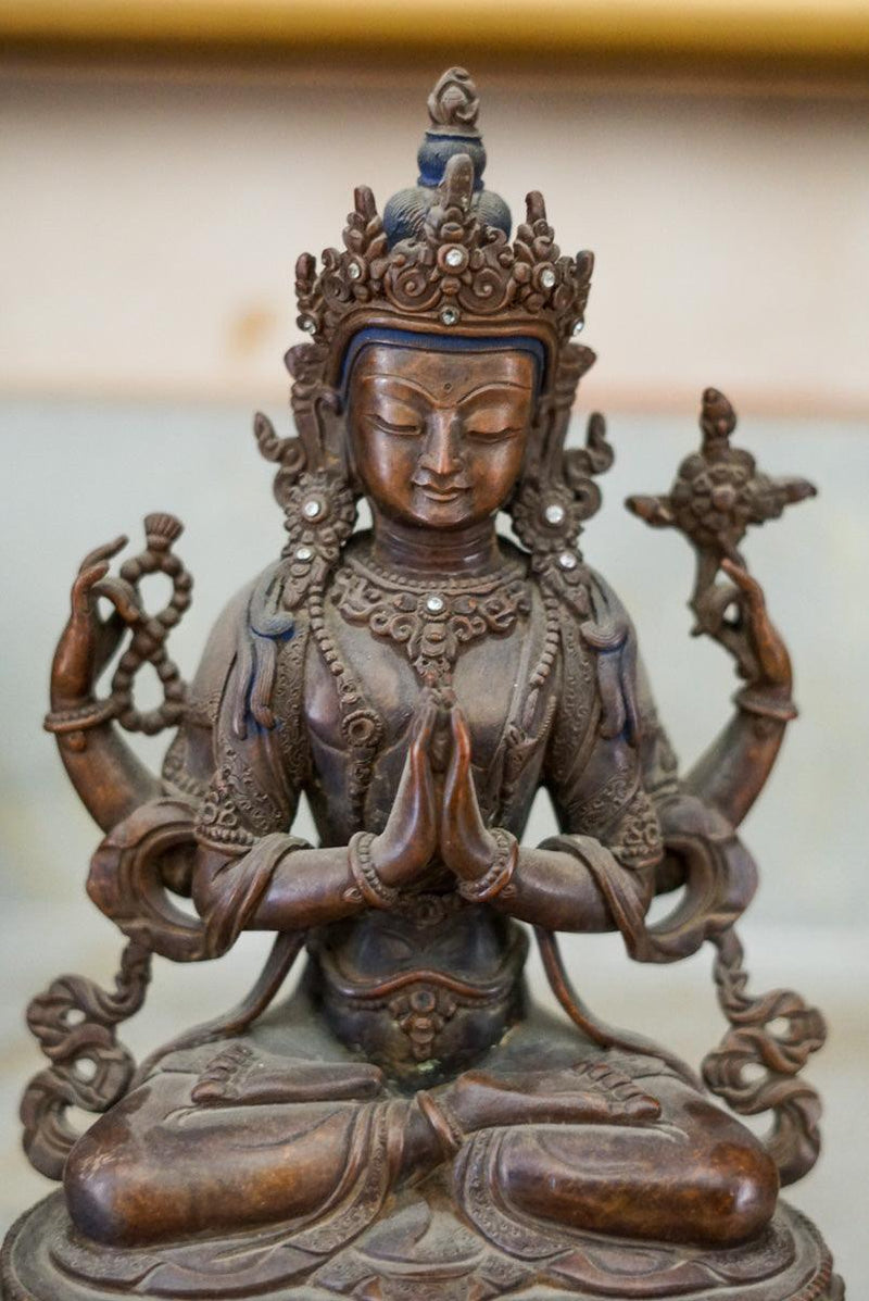 100 % Hand Made Copper Oxidized Fine Carved Chenregsi Statue - Himalayas Shop