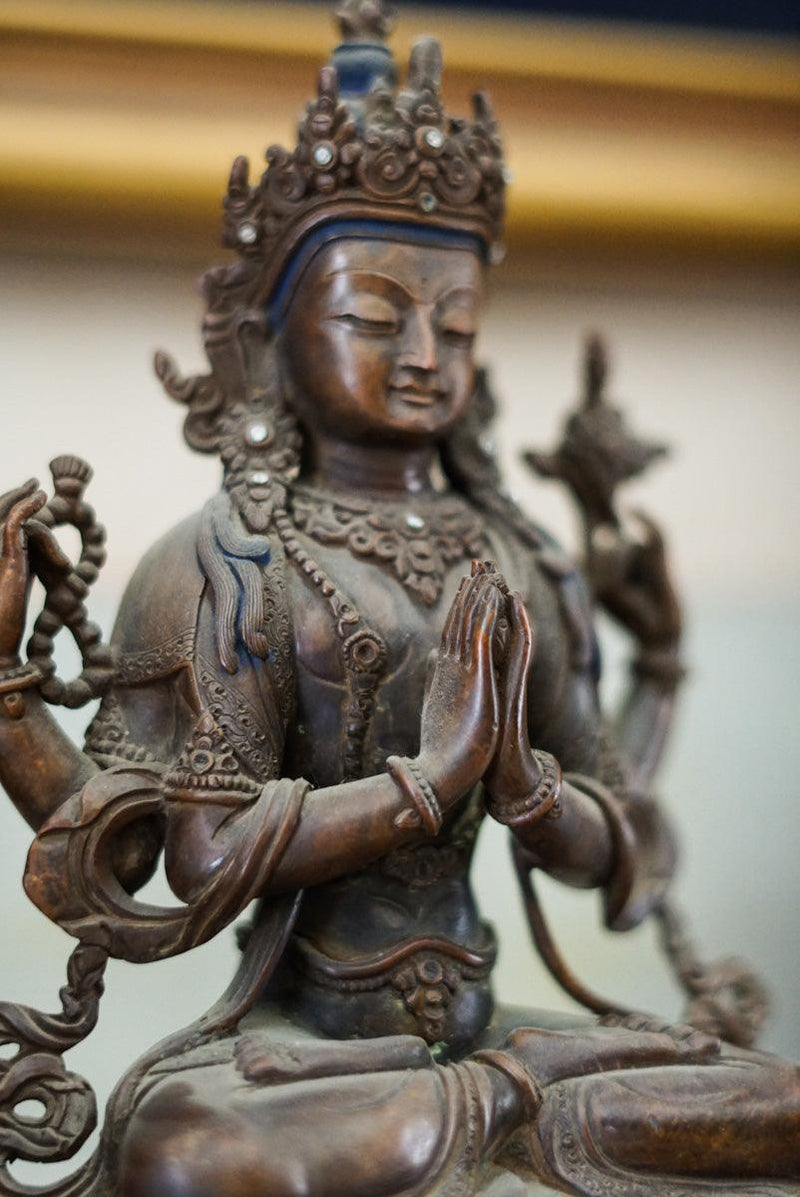 100 % Hand Made Copper Oxidized Fine Carved Chenregsi Statue - Himalayas Shop