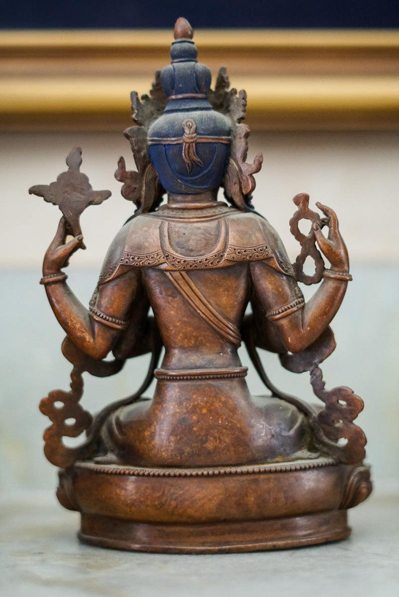 100 % Hand Made Copper Oxidized Fine Carved Chenregsi Statue - Himalayas Shop