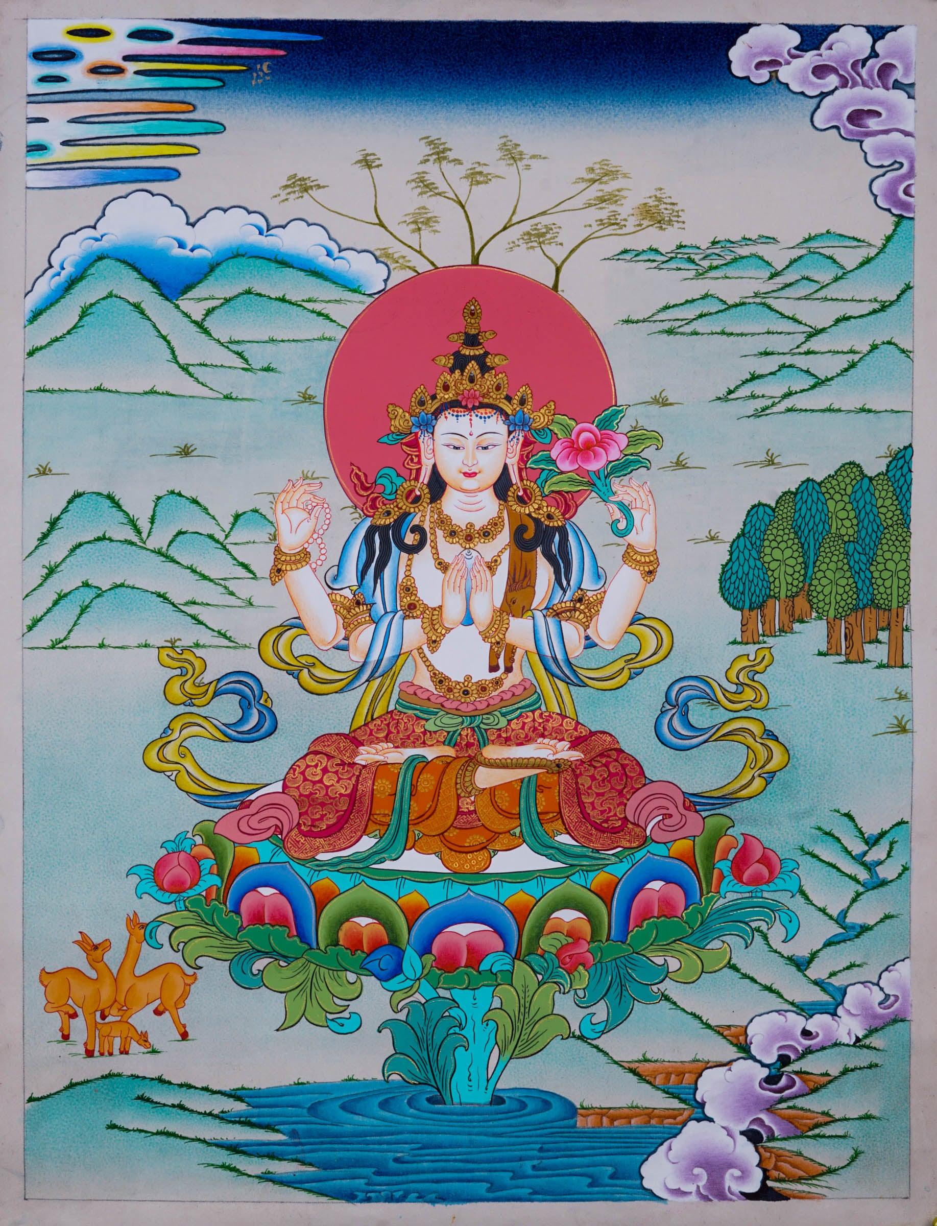 Chengresi Thangka painting on canvas - Best handpainted thangka painting - HimalayasShop