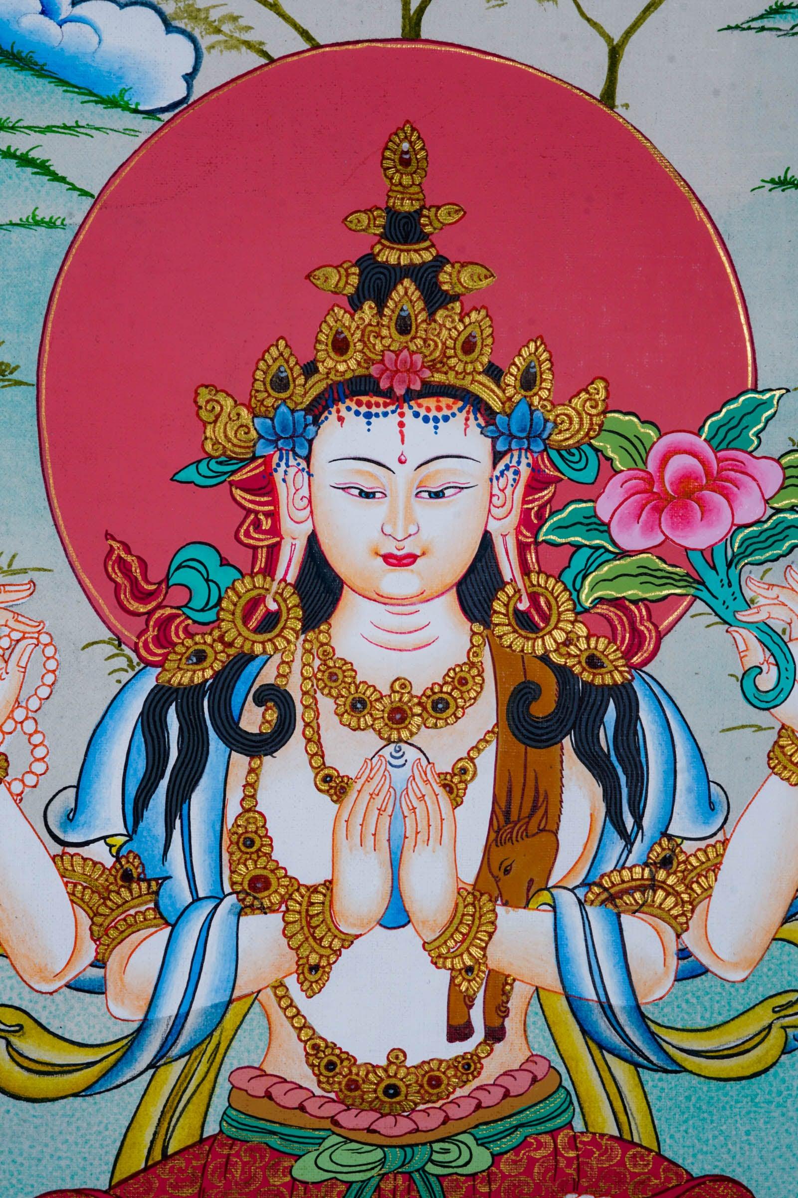 Chengresi Thangka painting on canvas - Himalayas Shop