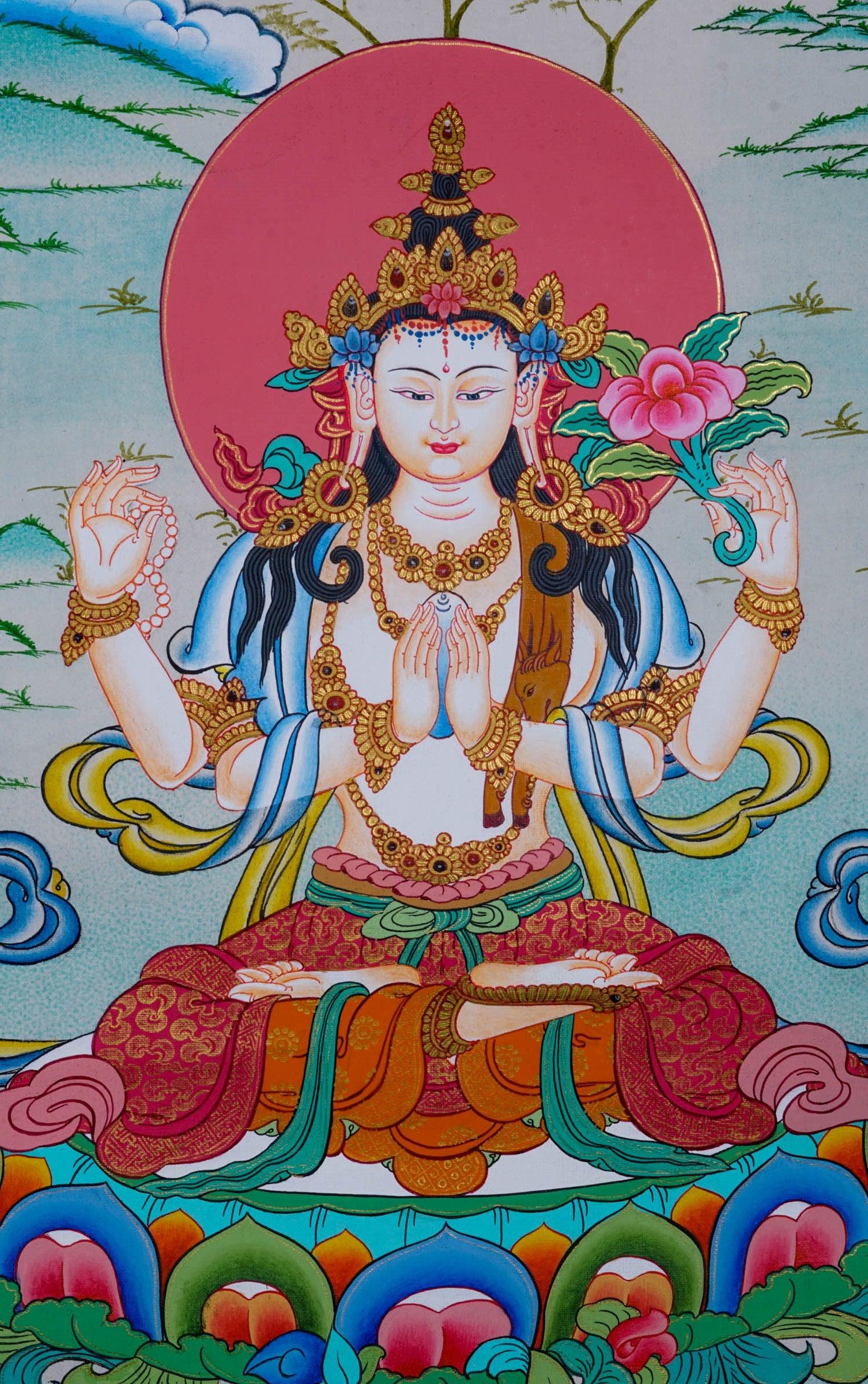 Chengresi Thangka painting on canvas - Himalayas Shop