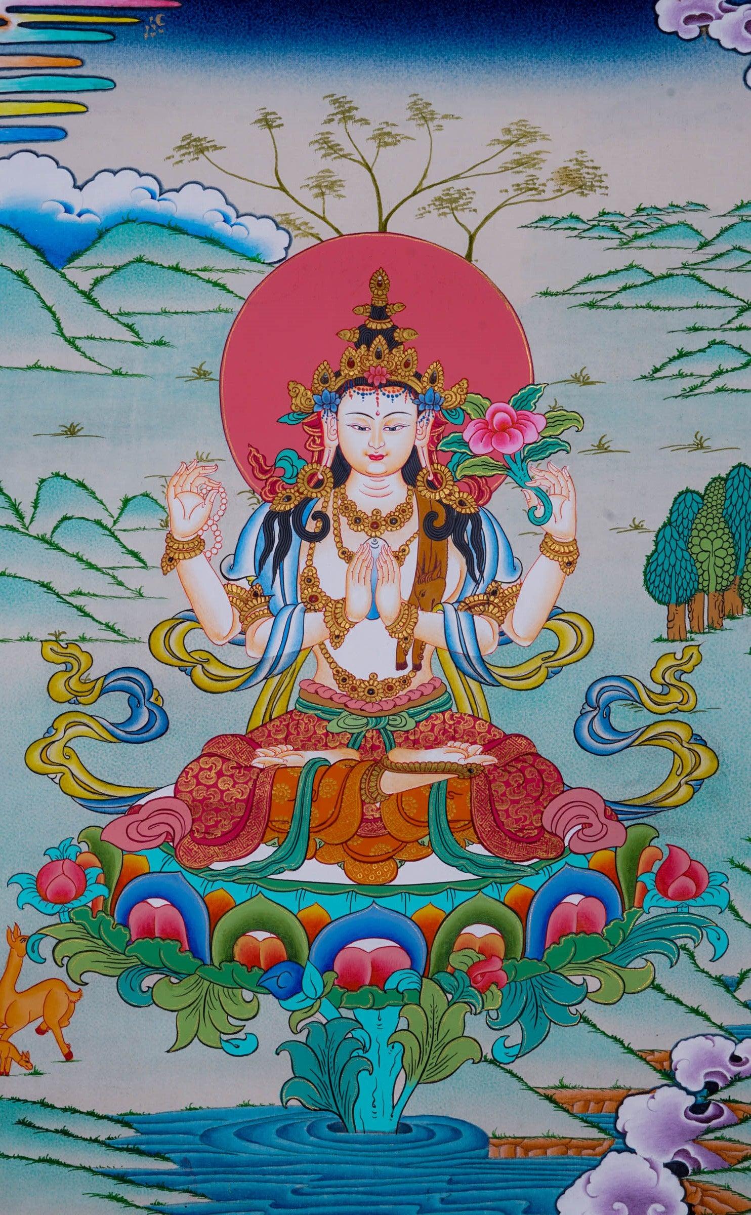 Chengresi Thangka painting on canvas - Himalayas Shop