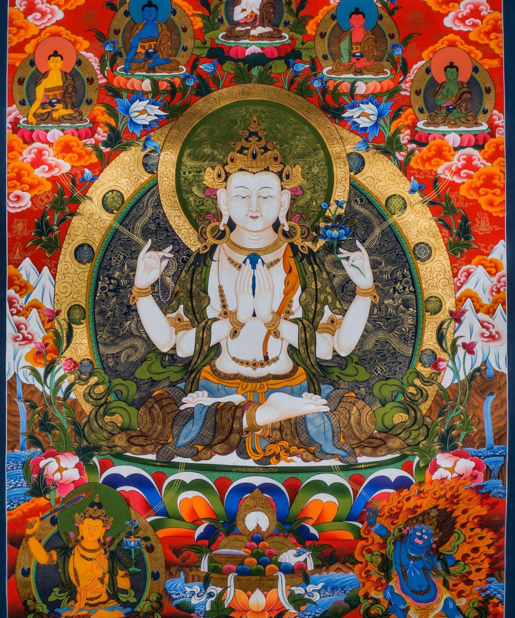 Chenrezig Tibetan Thangka Best handpainted thangka painting - HimalayasShop