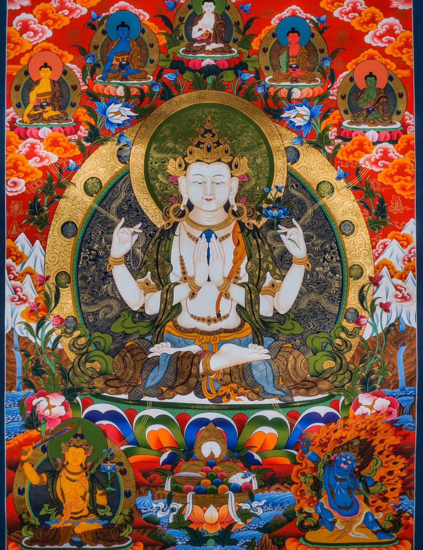 Chenrezig Tibetan Thangka Best handpainted thangka painting - HimalayasShop
