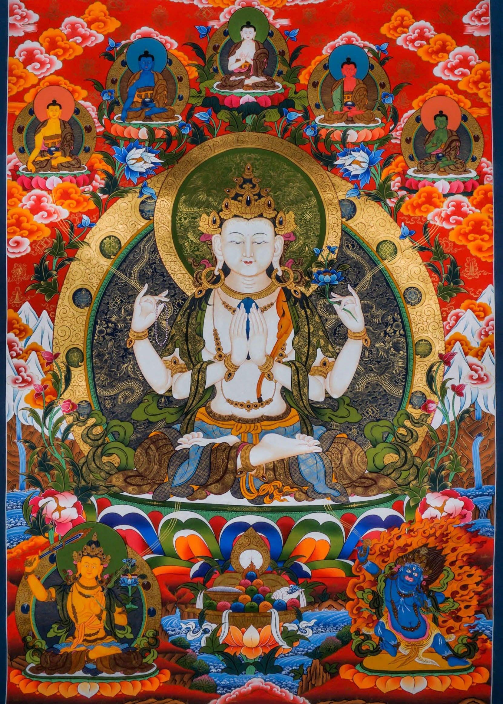 Chenrezig Tibetan Thangka Best handpainted thangka painting - HimalayasShop