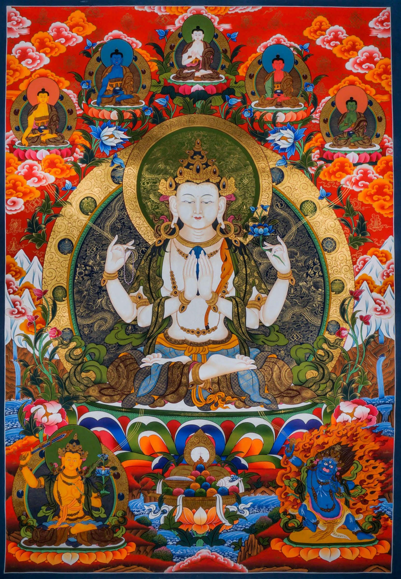 Chenrezig Tibetan Thangka Best handpainted thangka painting - HimalayasShop