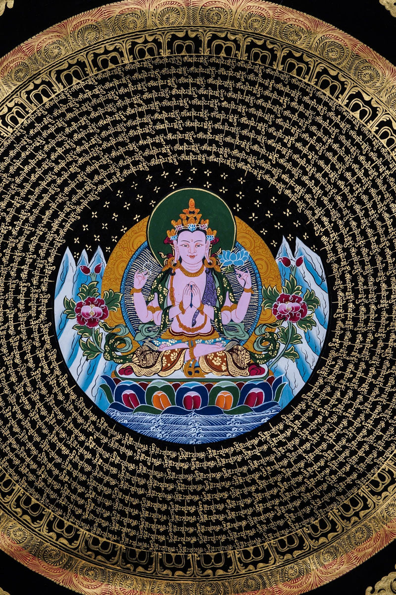 Black & Gold - Chengresi Mantra Mandala - Best handpainted thangka painting - HimalayasShop