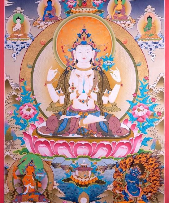 Chenrezig is known under many different names: Avalokiteshvara in sanskrit, Kuan Yin in Chinese and Kannon in Japanese.