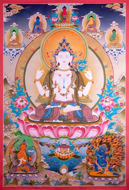 Chenrezig is known under many different names: Avalokiteshvara in sanskrit, Kuan Yin in Chinese and Kannon in Japanese.