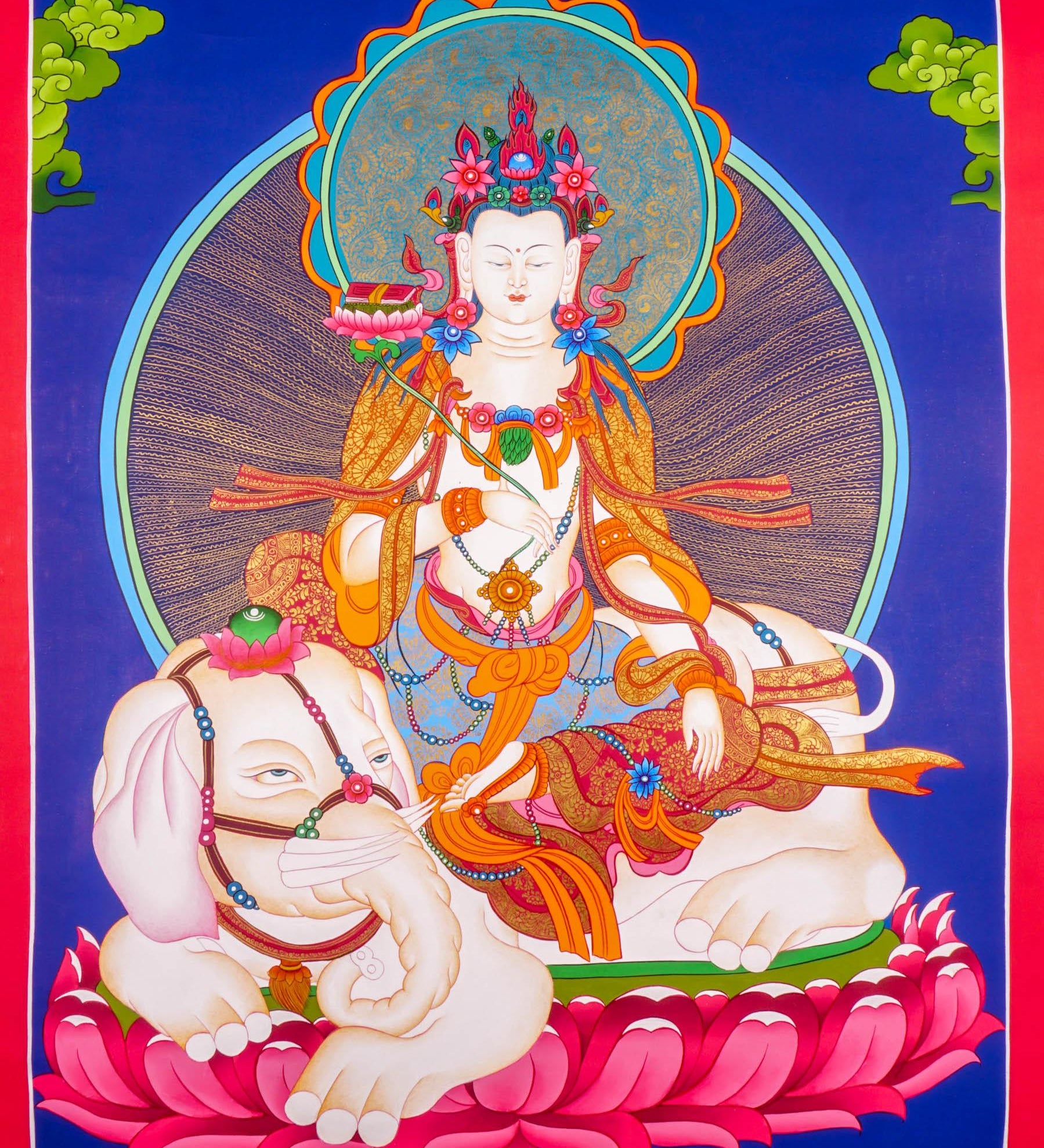Japanese Thangka of Manjushri - God of wisdom on white Elephant
