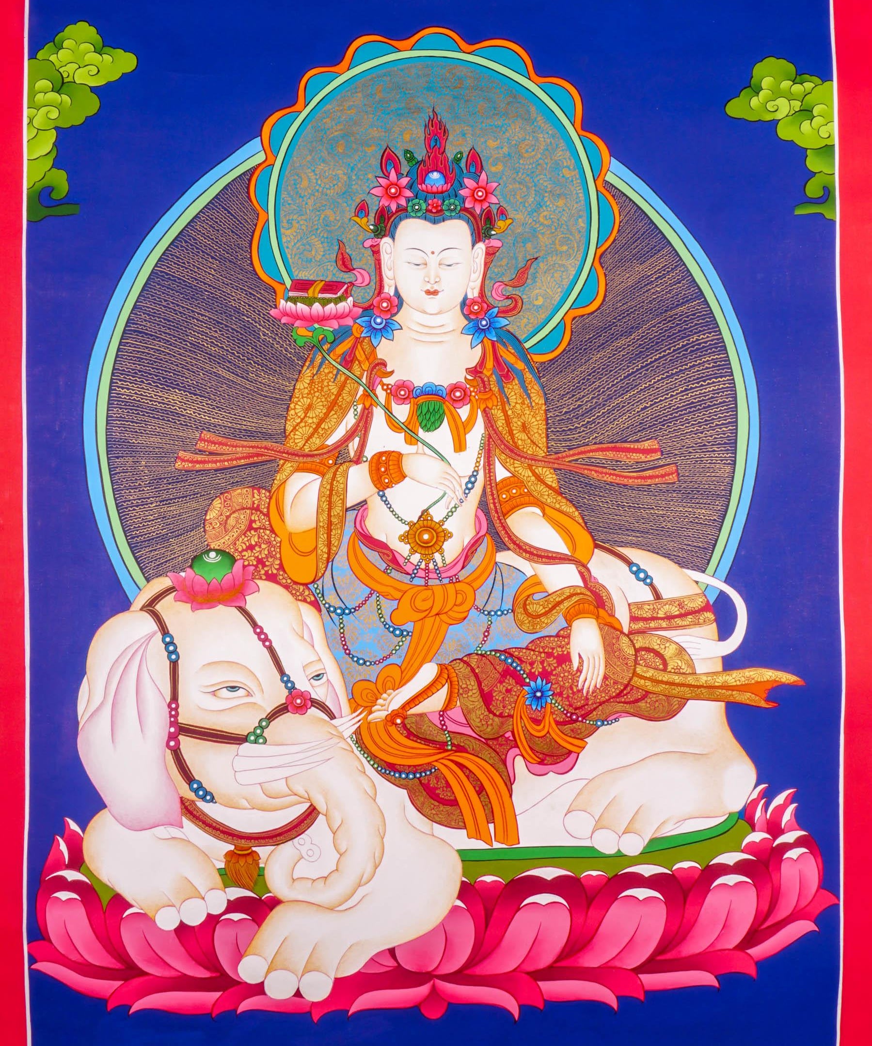 Japanese Thangka of Manjushri - God of wisdom on white Elephant