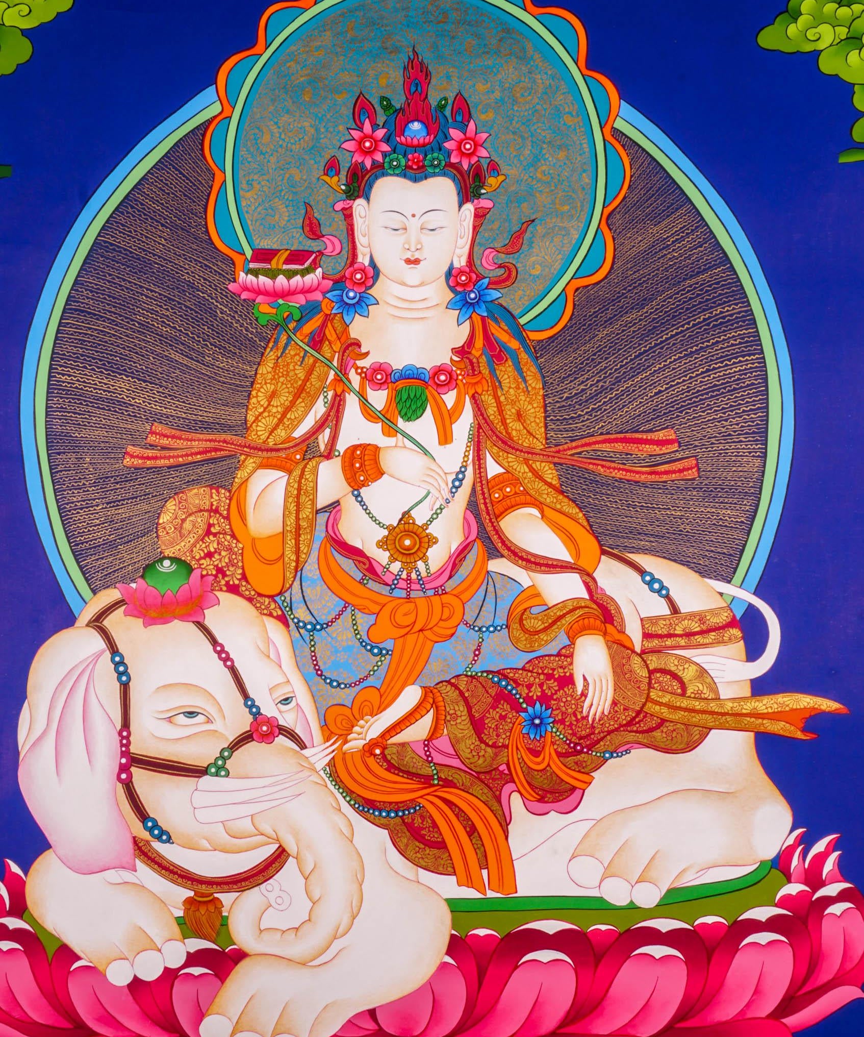 Japanese Thangka of Manjushri - God of wisdom on white Elephant