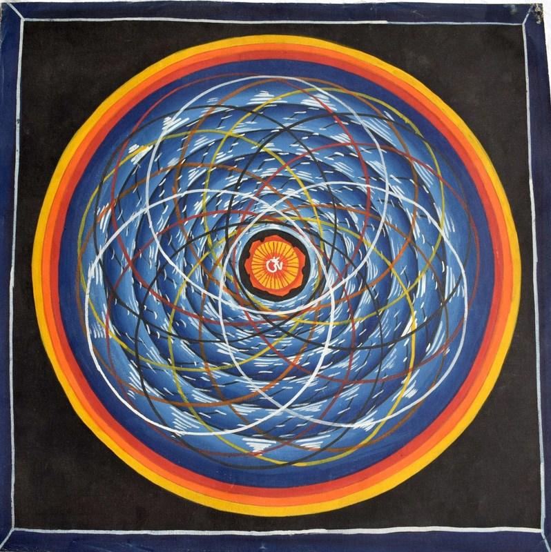 Cosmic mandalas are the intricate dance of the sun, moon, and other planets around Mount Meru. This is a hand painted Cosmos Mandala from Kathmandu , Nepal.