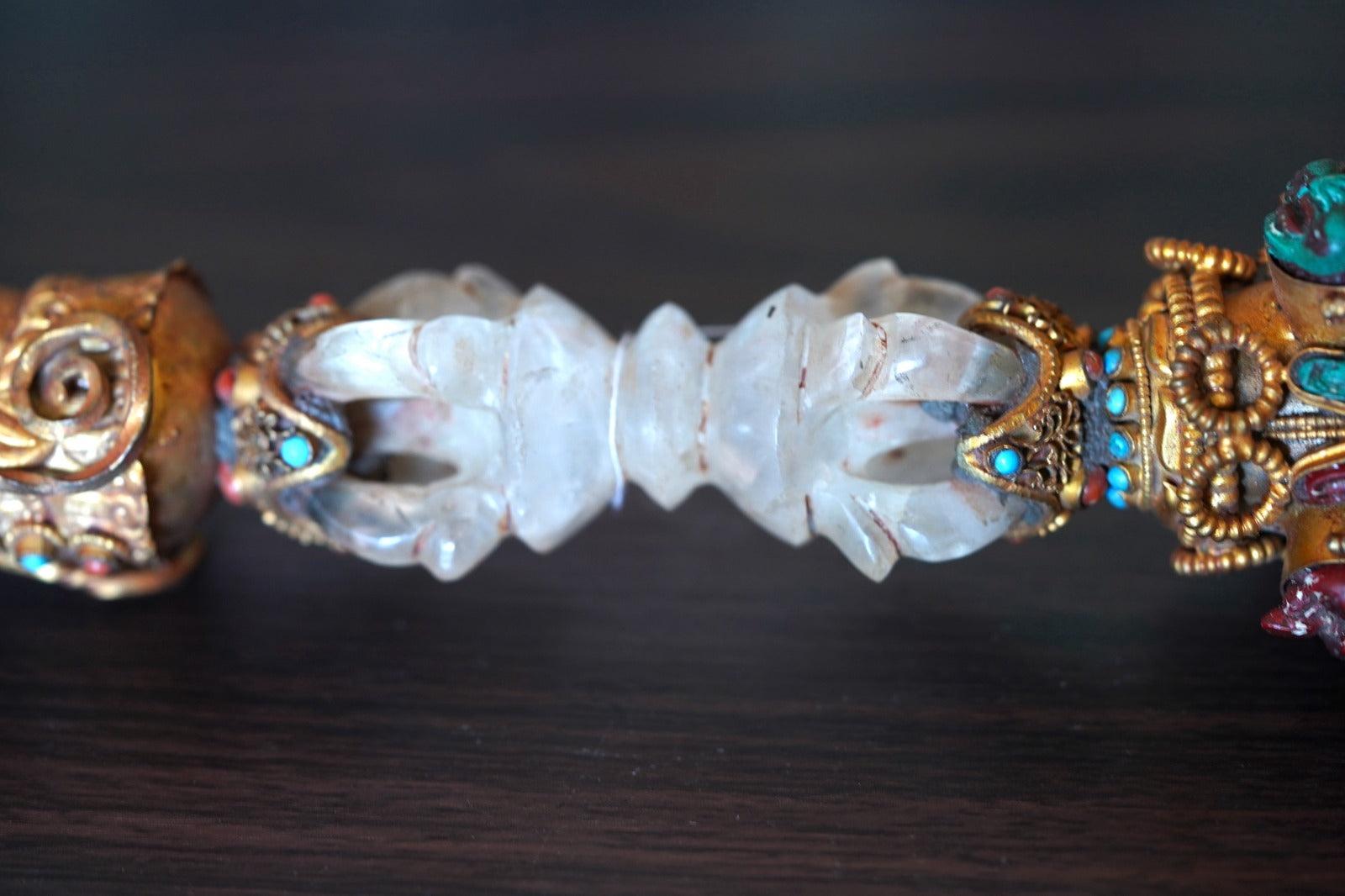 Old tibetan dorje phurba dagger for rituals with crystal bajra