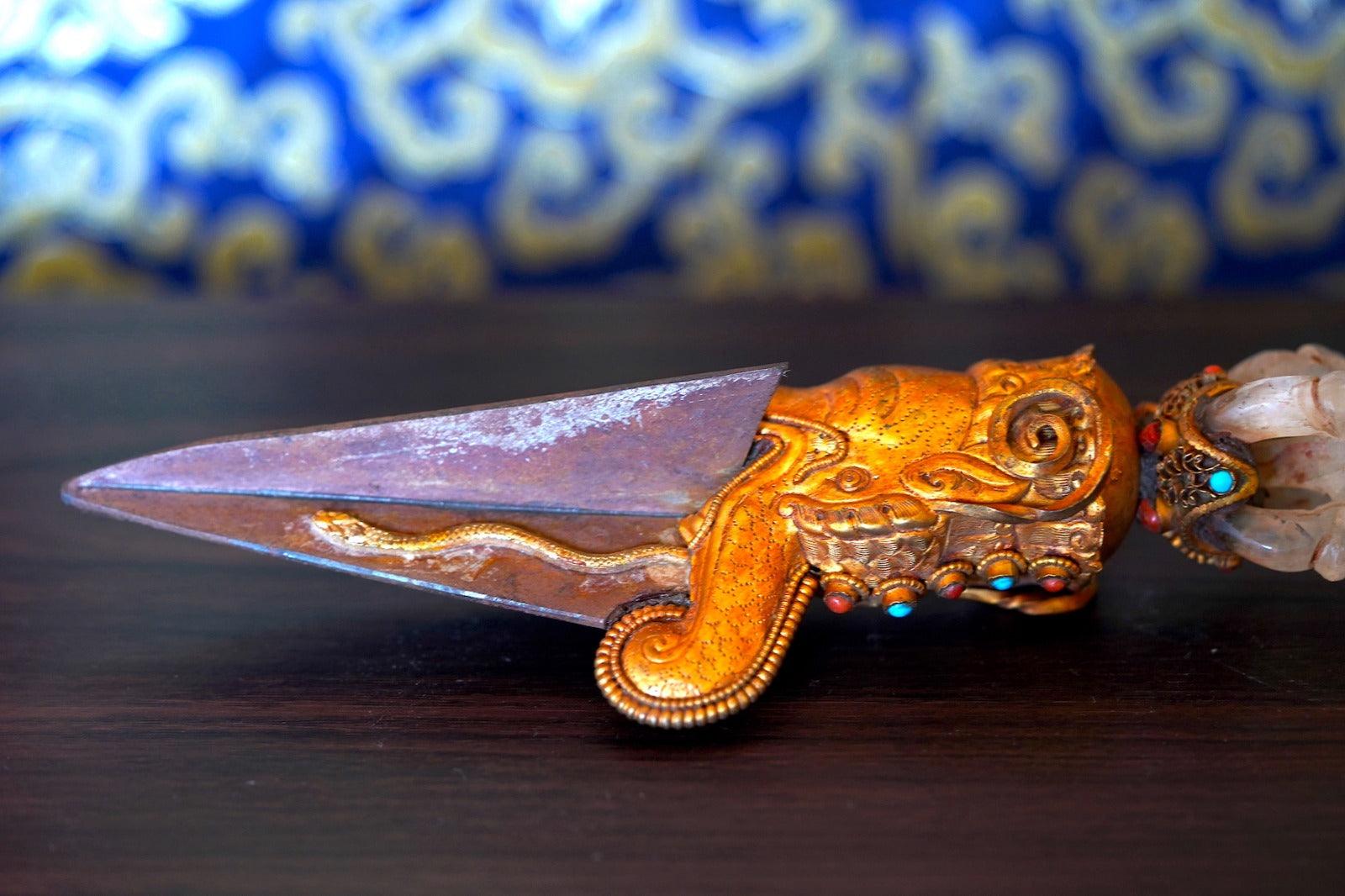 Old tibetan dorje phurba dagger for rituals with crystal bajra