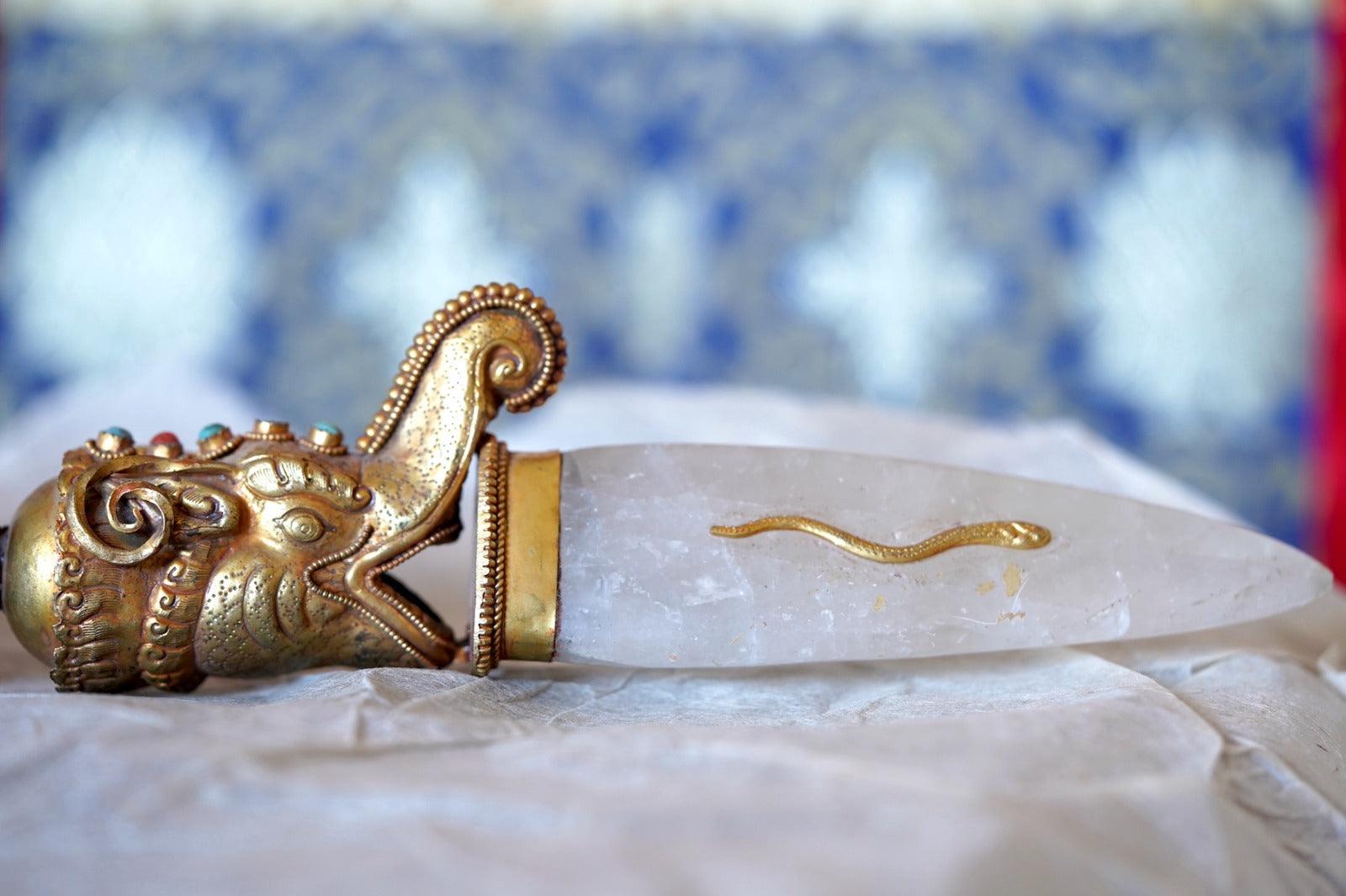 Old tibetan dorje phurba dagger for rituals with crystal bajra