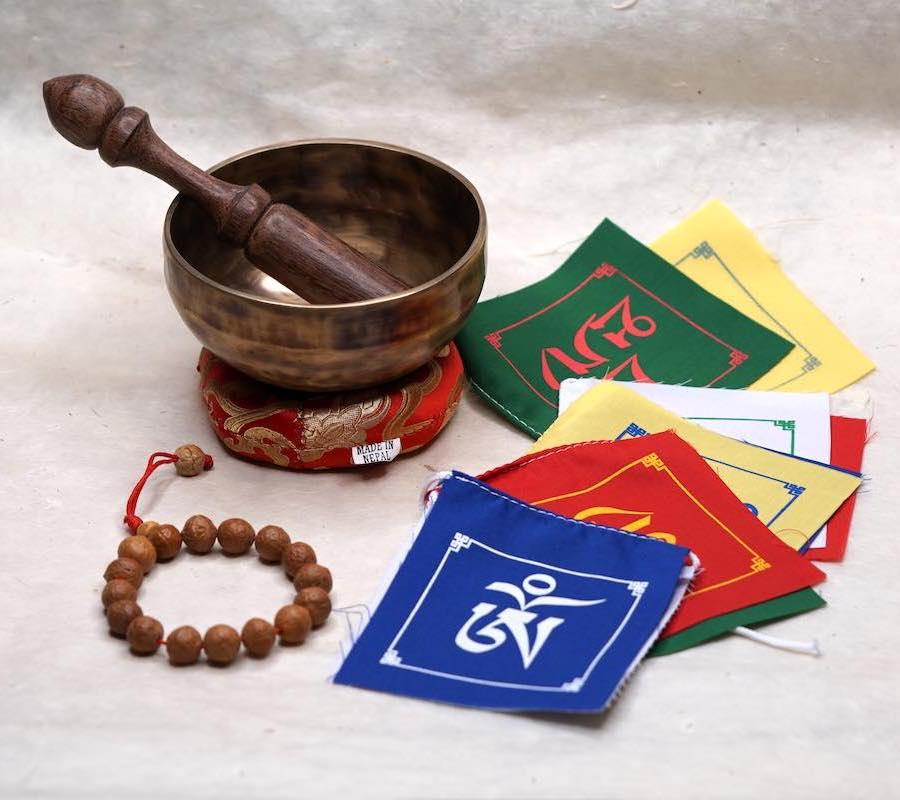 Spiritual gift for positive energy . A gift set with prayer,flag, singing bowl and Boddhi chitta bracelet