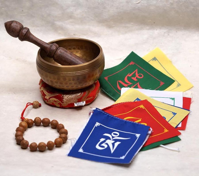 Beautiful set of Singing bowl, Prayer flag, Bodhi seed bracelets, a perfect meaningful gifts for  Father's day .