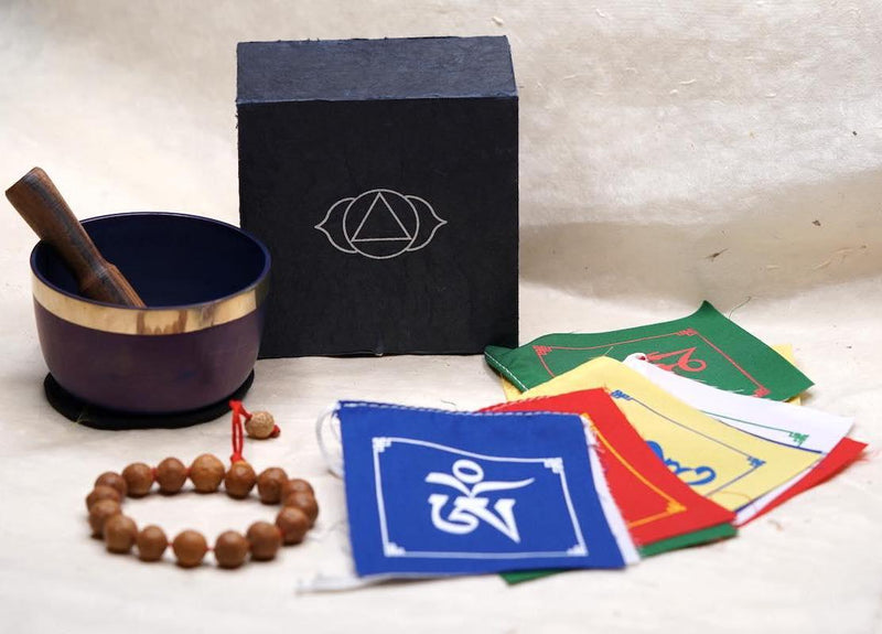 Father's day gift ideas. Prayer flag, bodhi seed bracelet and chakra bowl set  for aura cleansing, mindful gift for Father's day.