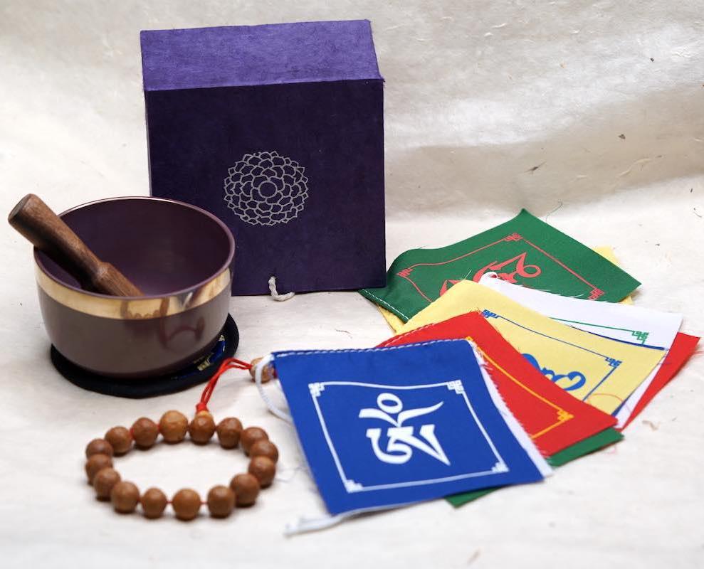 Father's day gift ideas. Prayer flag, bodhi seed bracelet and chakra bowl set  for wisdom and postivity , mindful gift for Father's day.
