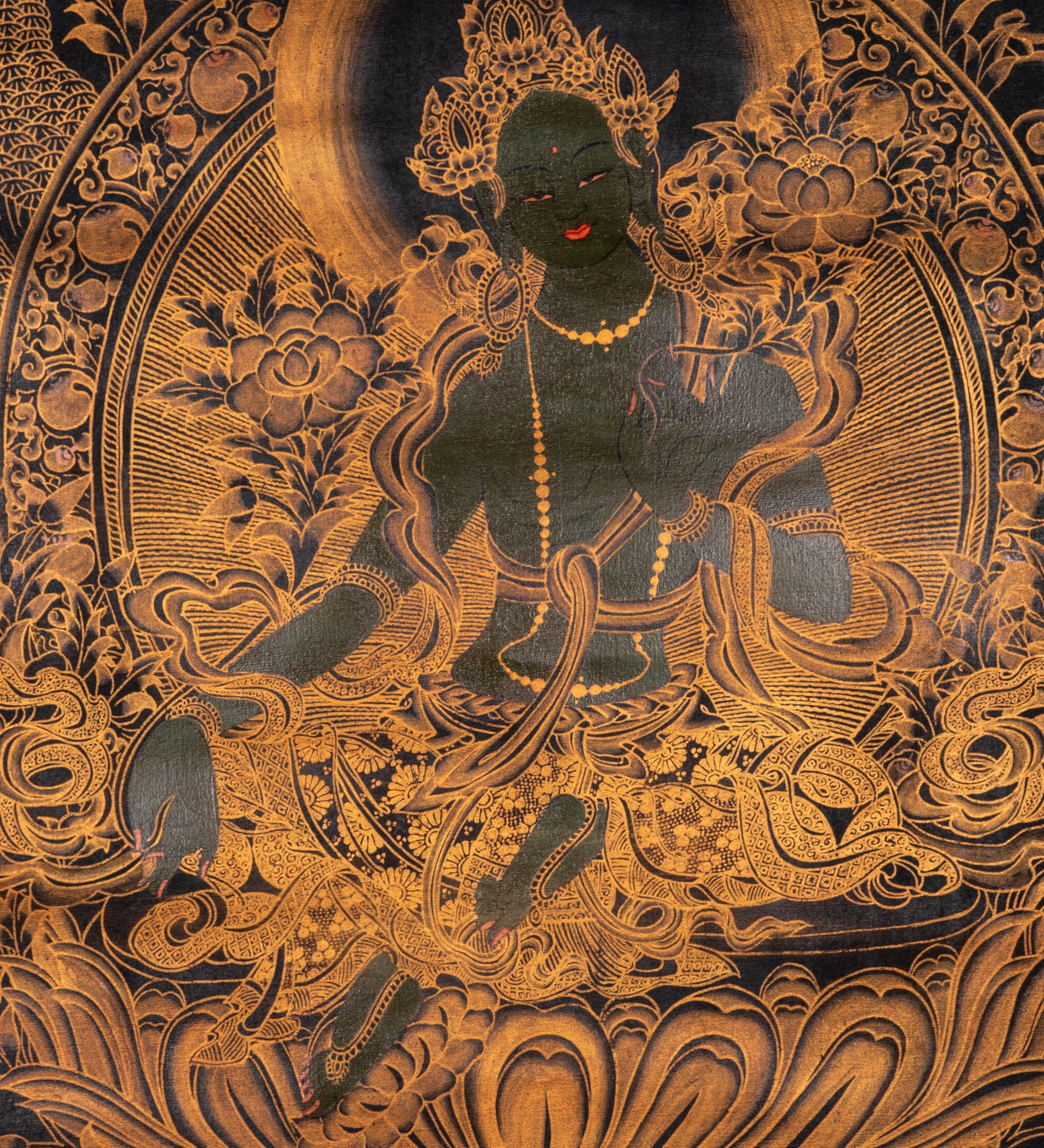 Antique Green Tara Thangka - Himalayas Shop