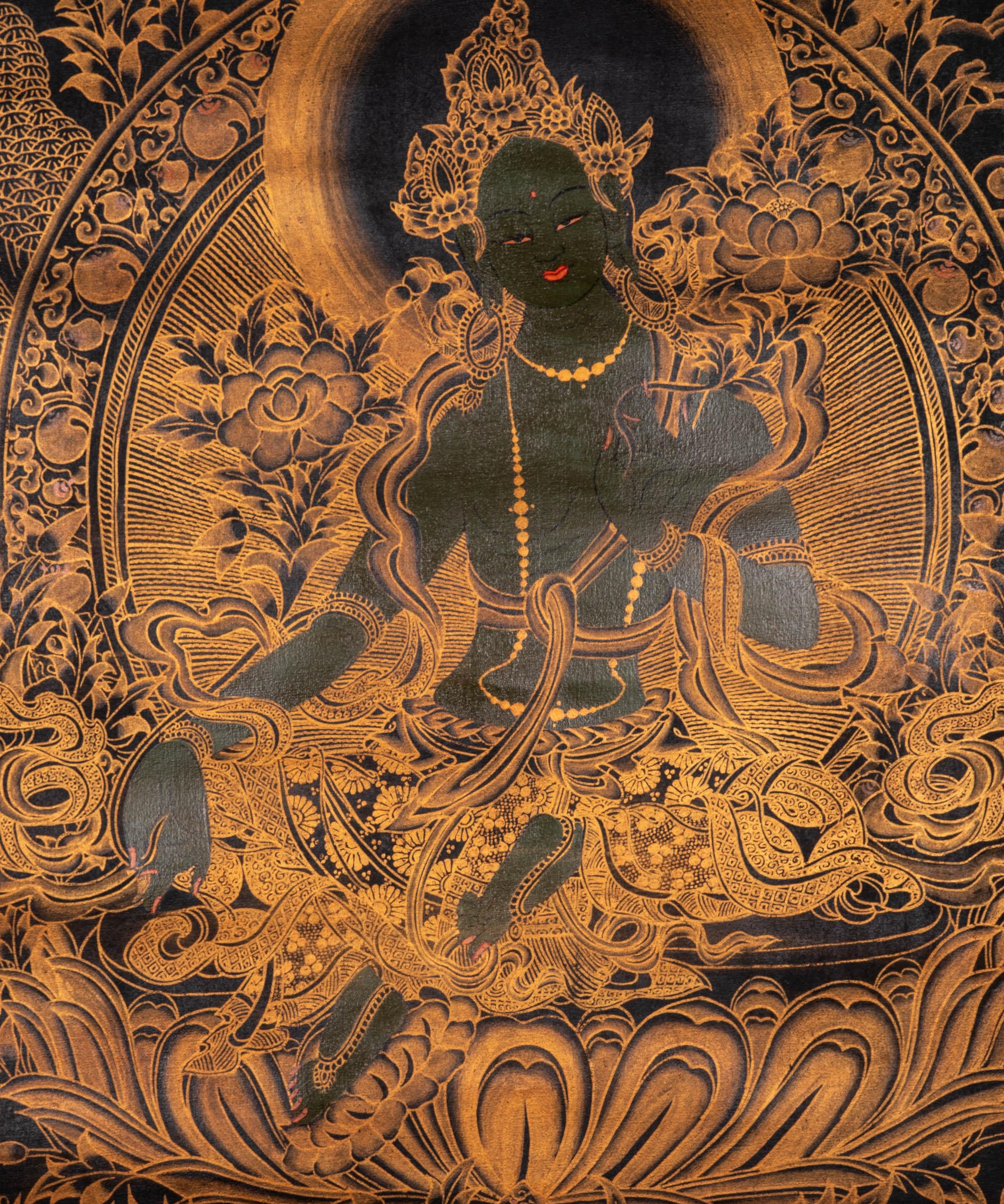 Antique Green Tara Thangka - Himalayas Shop