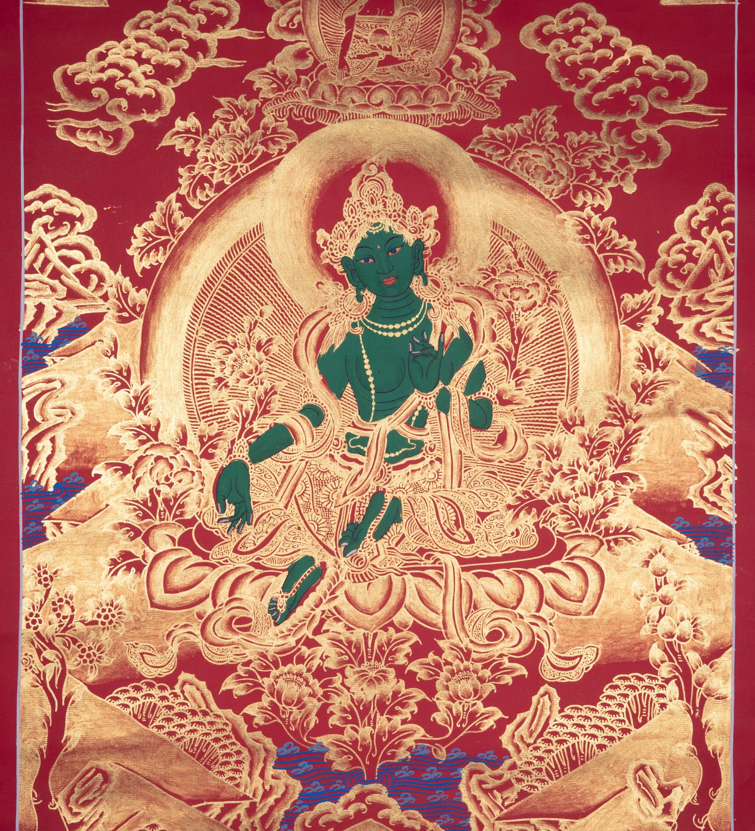 Beautiful Green Tara Tibetan Thangka Art with Pancha Buddha - Himalayas Shop