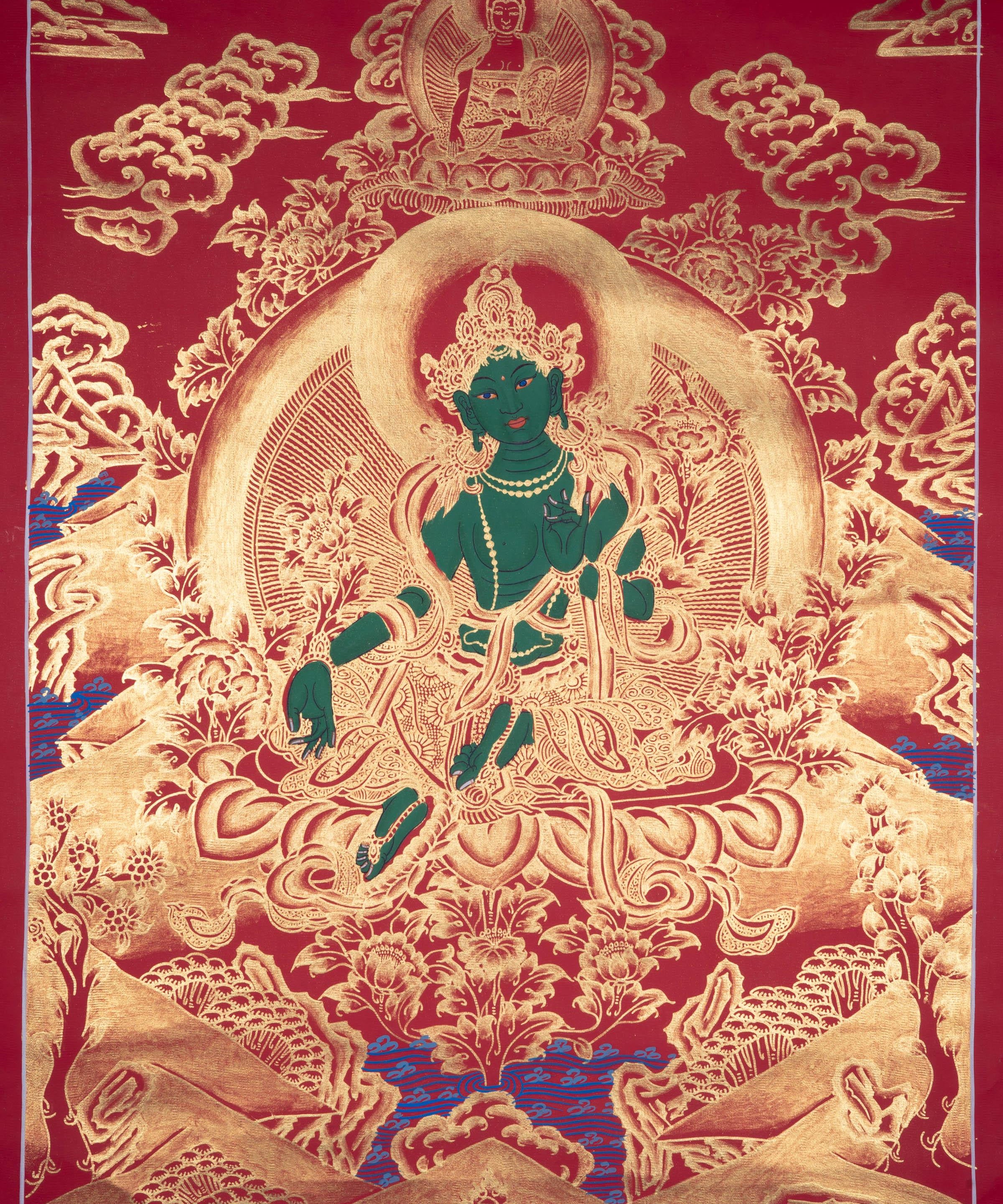 Beautiful Green Tara Tibetan Thangka Art with Pancha Buddha - Himalayas Shop