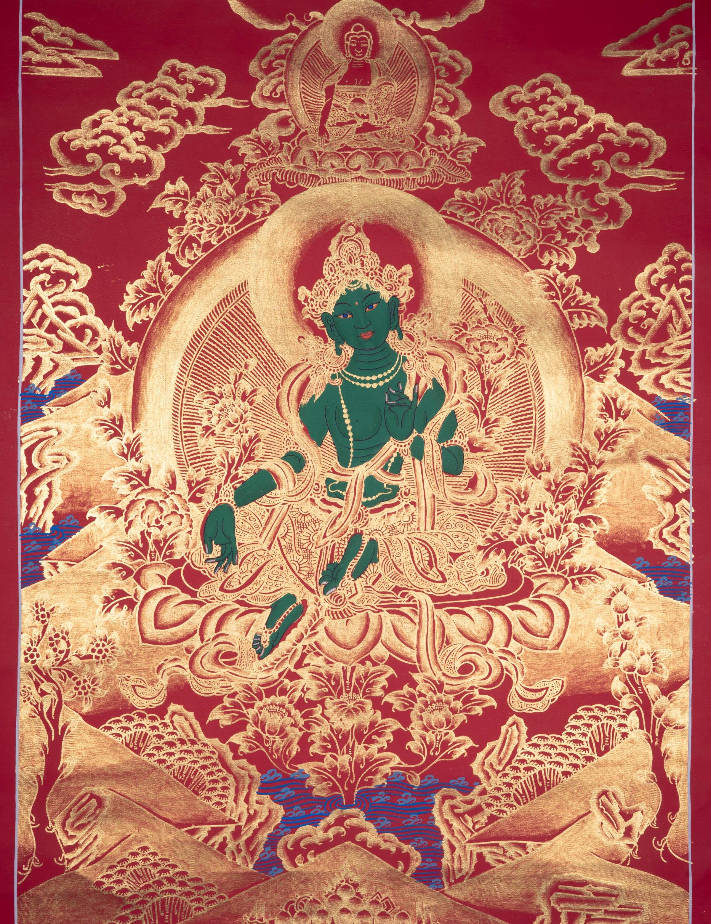 Beautiful Green Tara Tibetan Thangka Art with Pancha Buddha - Himalayas Shop