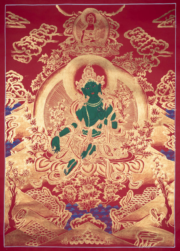 Beautiful Green Tara Tibetan Thangka Art with Pancha Buddha - Himalayas Shop