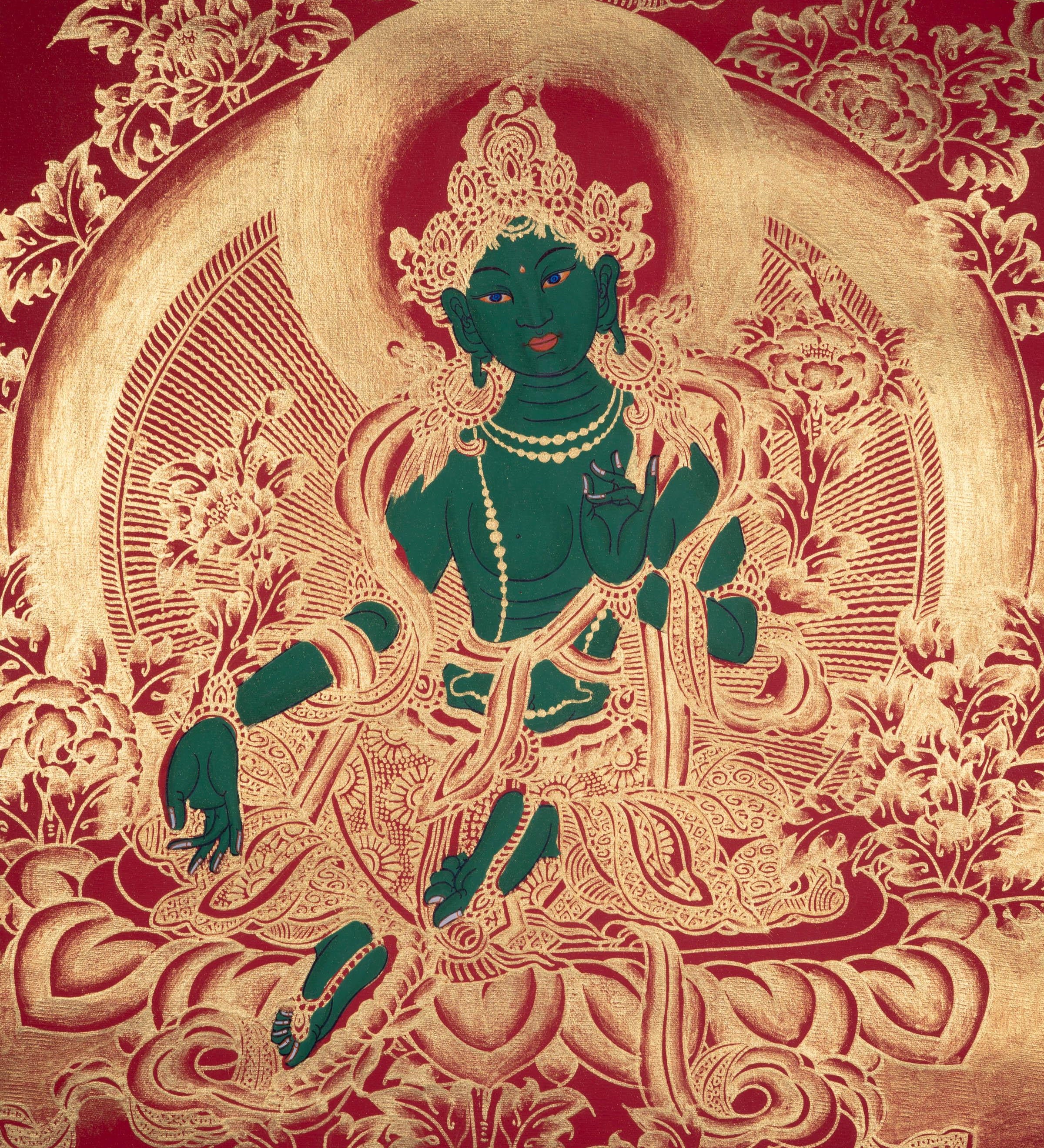 Beautiful Green Tara Tibetan Thangka Art with Pancha Buddha - Himalayas Shop