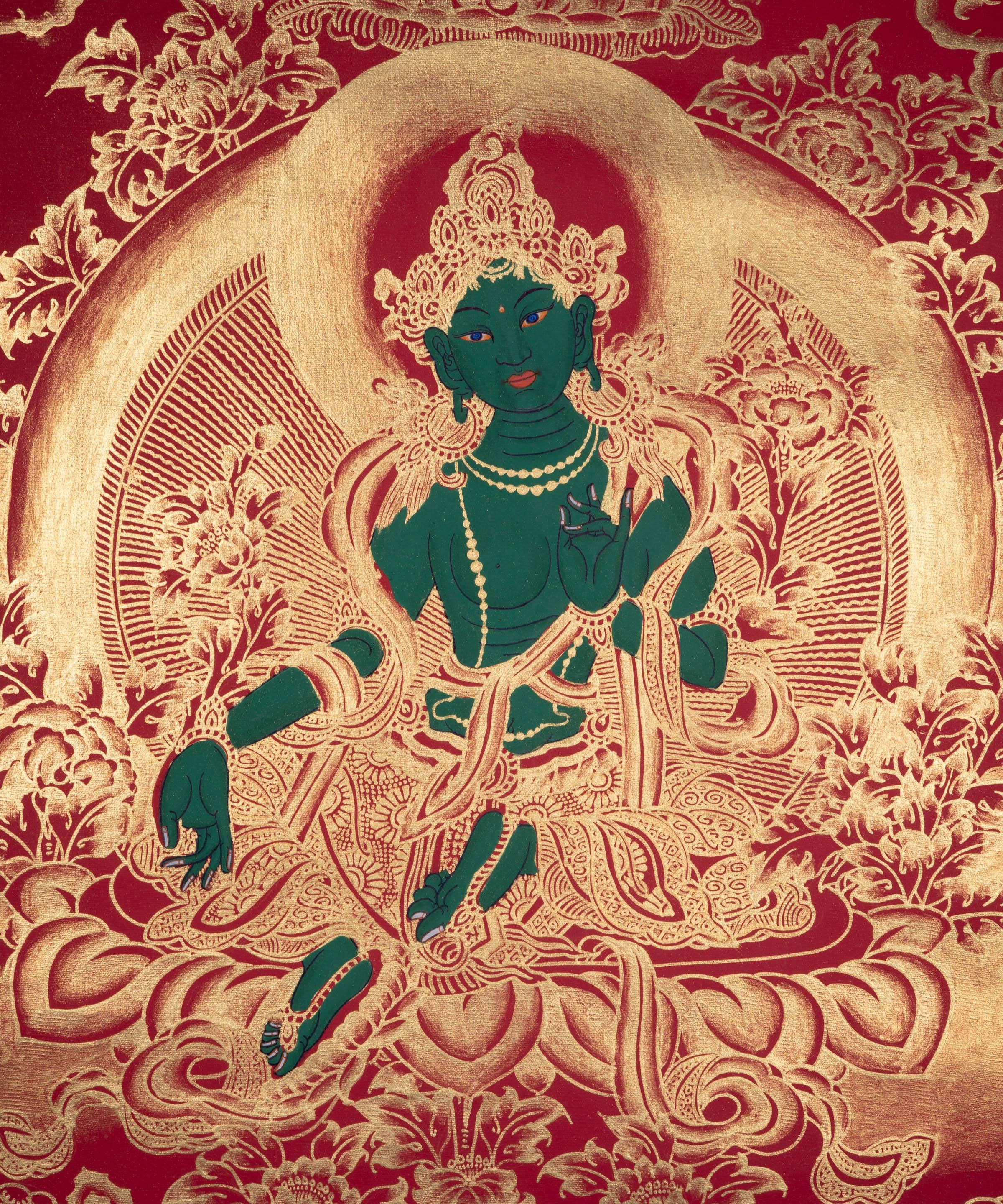 Beautiful Green Tara Tibetan Thangka Art with Pancha Buddha - Himalayas Shop
