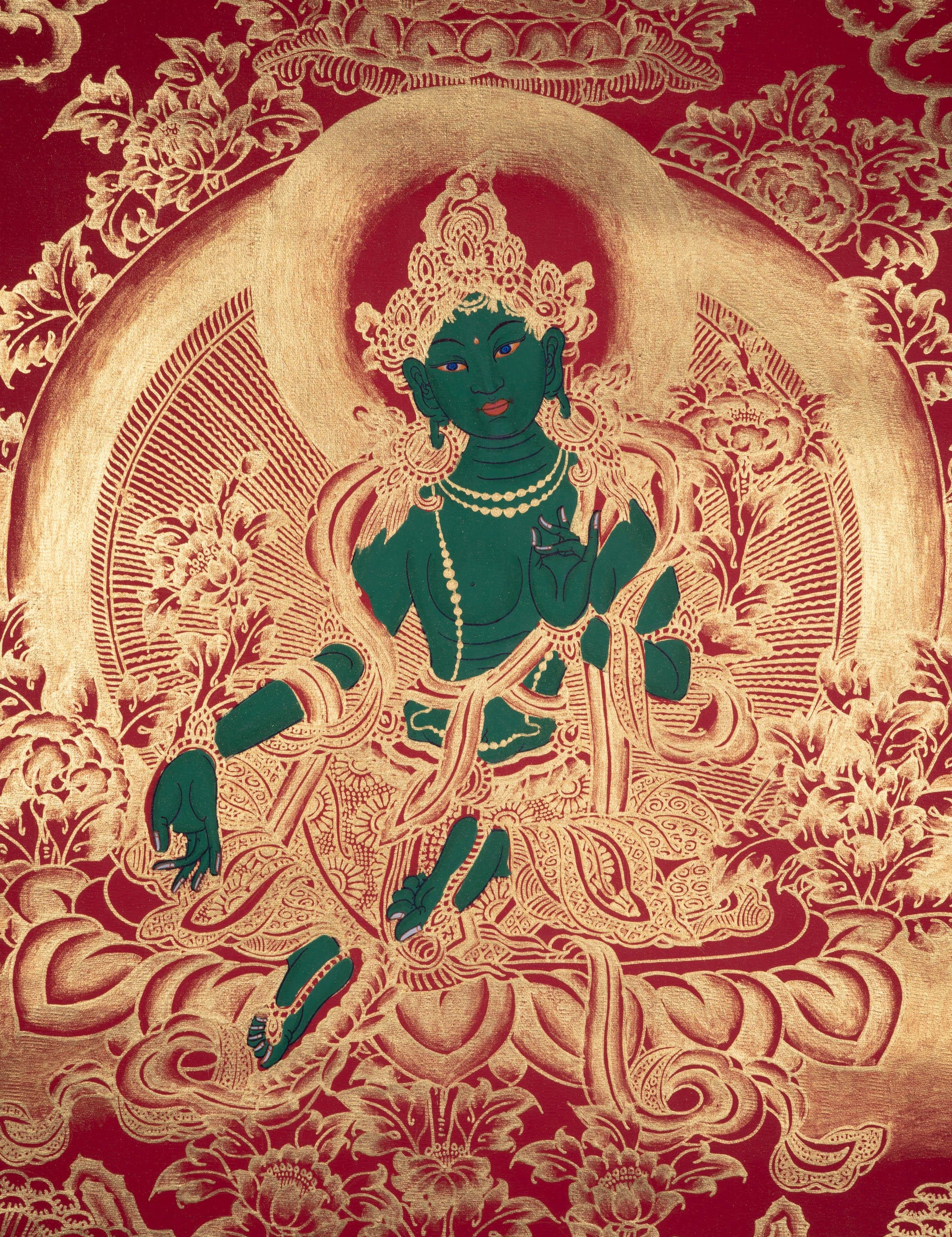 Beautiful Green Tara Tibetan Thangka Art with Pancha Buddha - Himalayas Shop