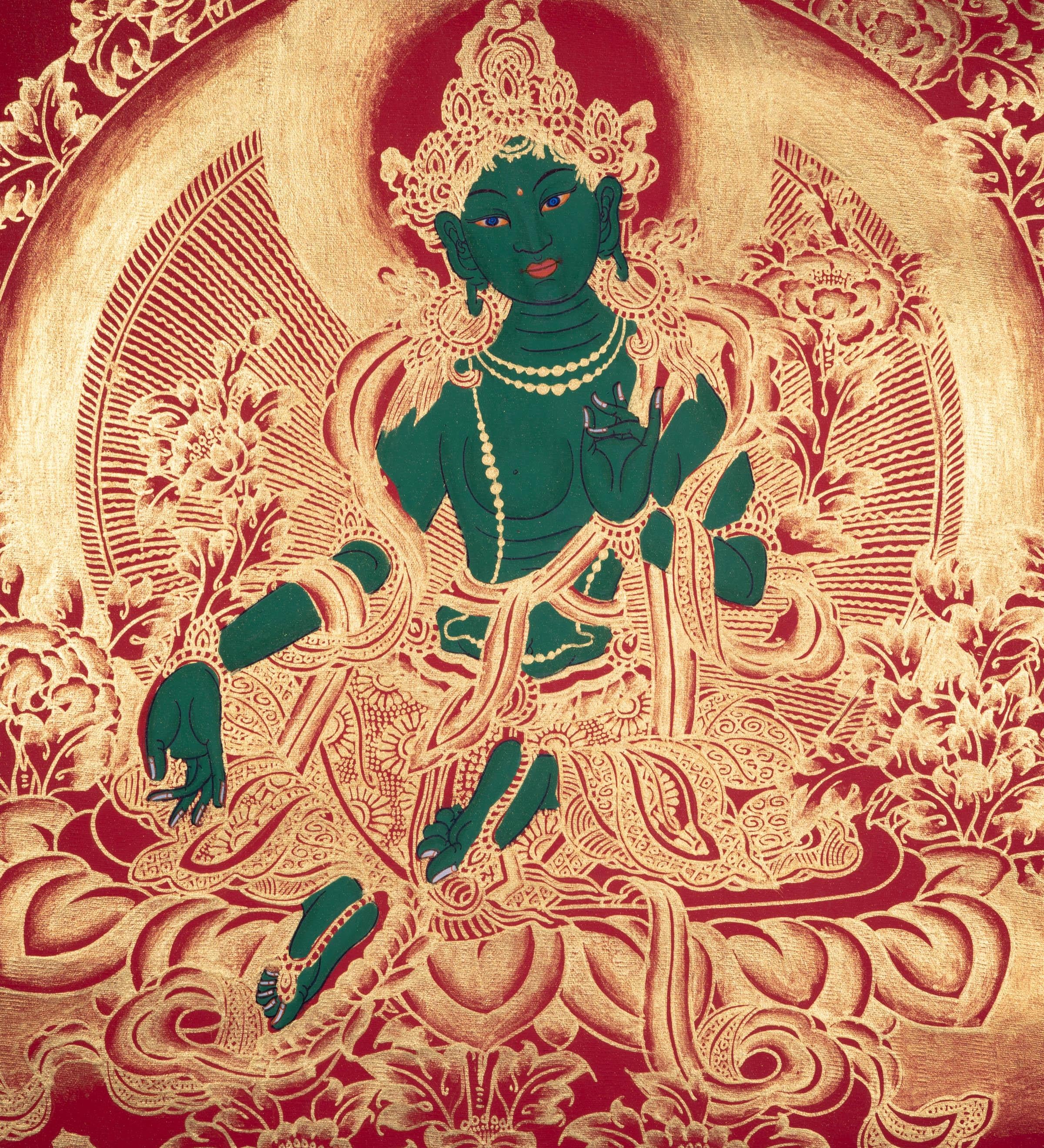 Beautiful Green Tara Tibetan Thangka Art with Pancha Buddha - Himalayas Shop