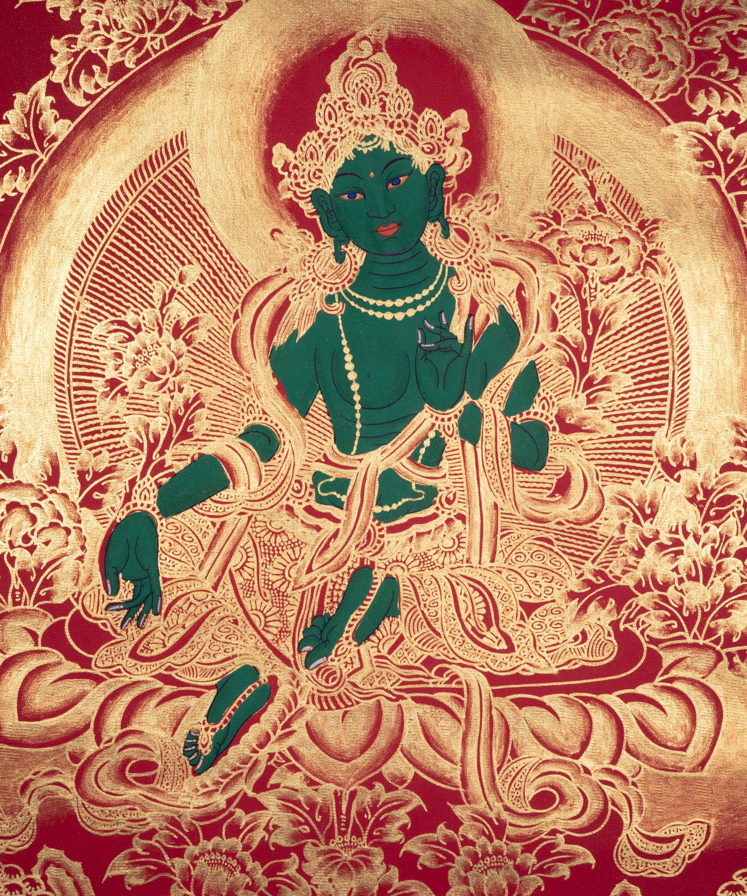 Beautiful Green Tara Tibetan Thangka Art with Pancha Buddha - Himalayas Shop