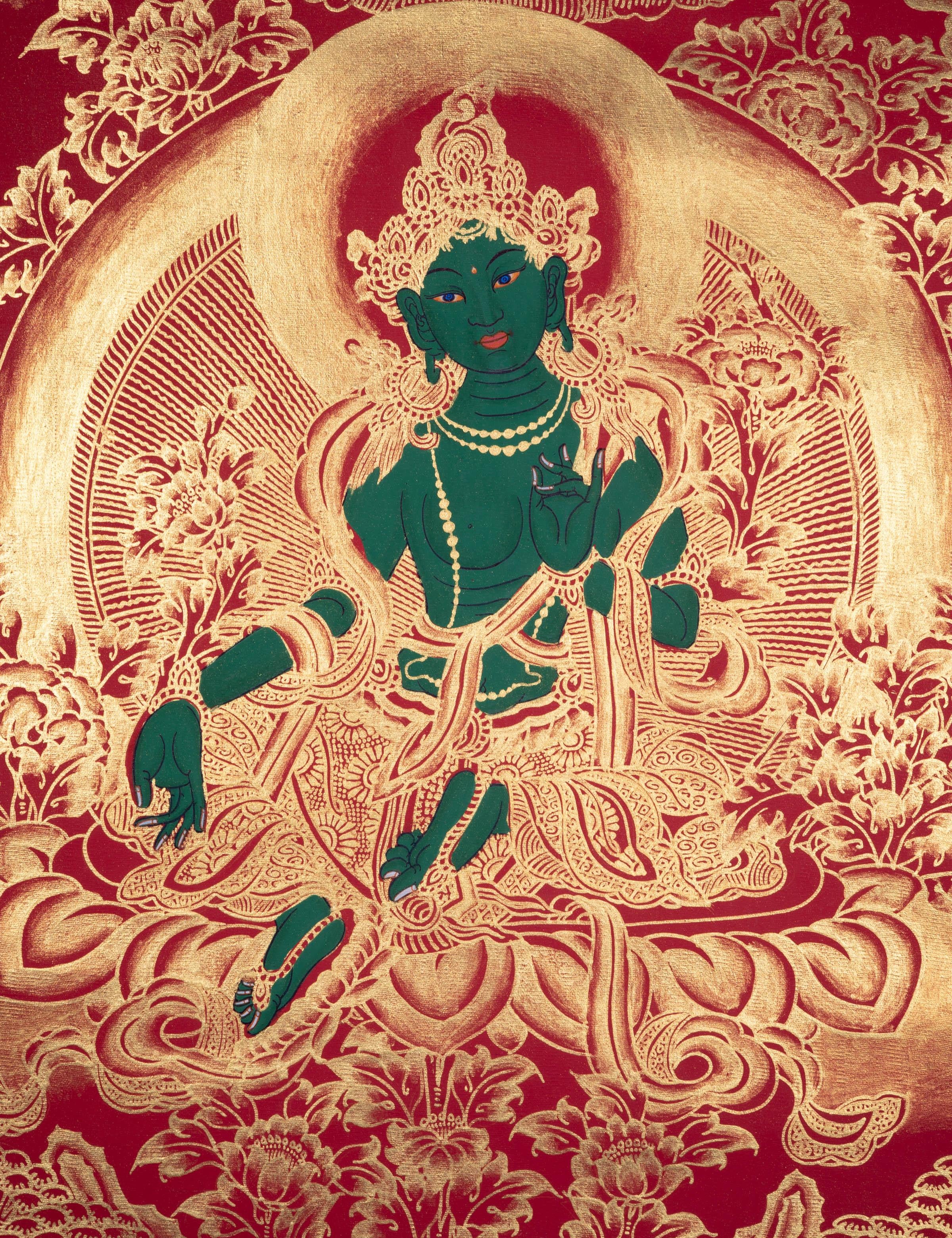 Beautiful Green Tara Tibetan Thangka Art with Pancha Buddha - Himalayas Shop