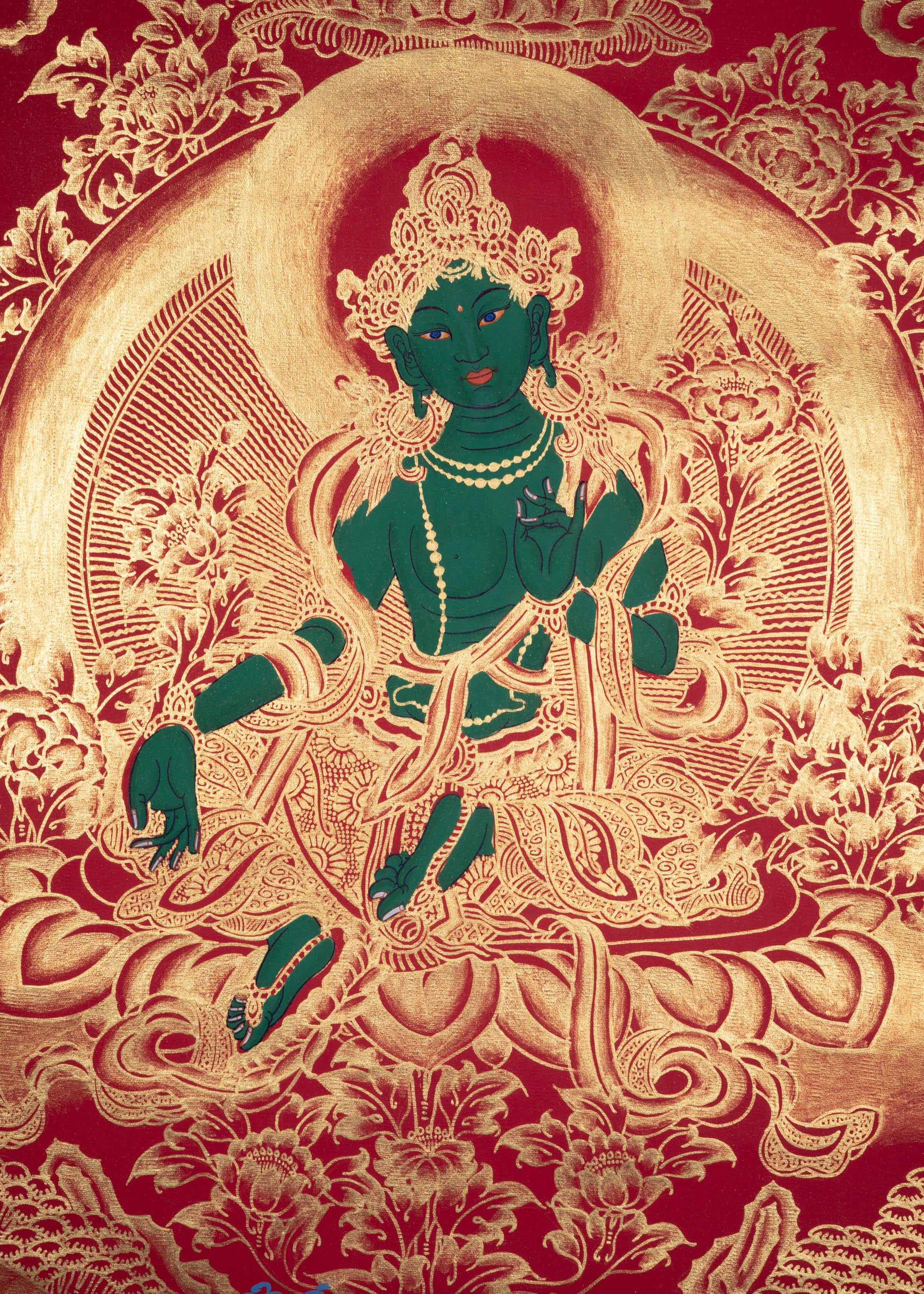 Beautiful Green Tara Tibetan Thangka Art with Pancha Buddha - Himalayas Shop