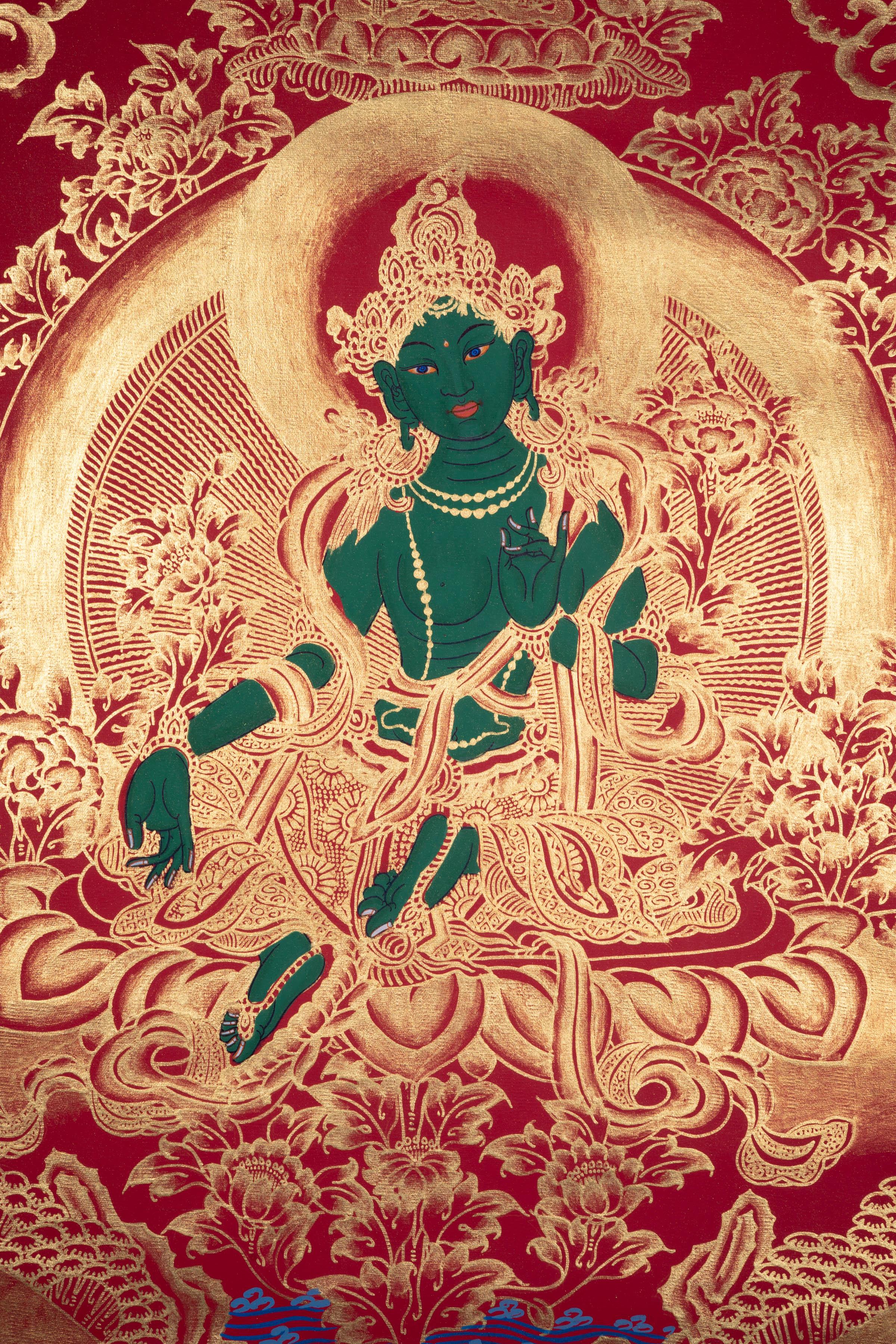 Beautiful Green Tara Tibetan Thangka Art with Pancha Buddha - Himalayas Shop