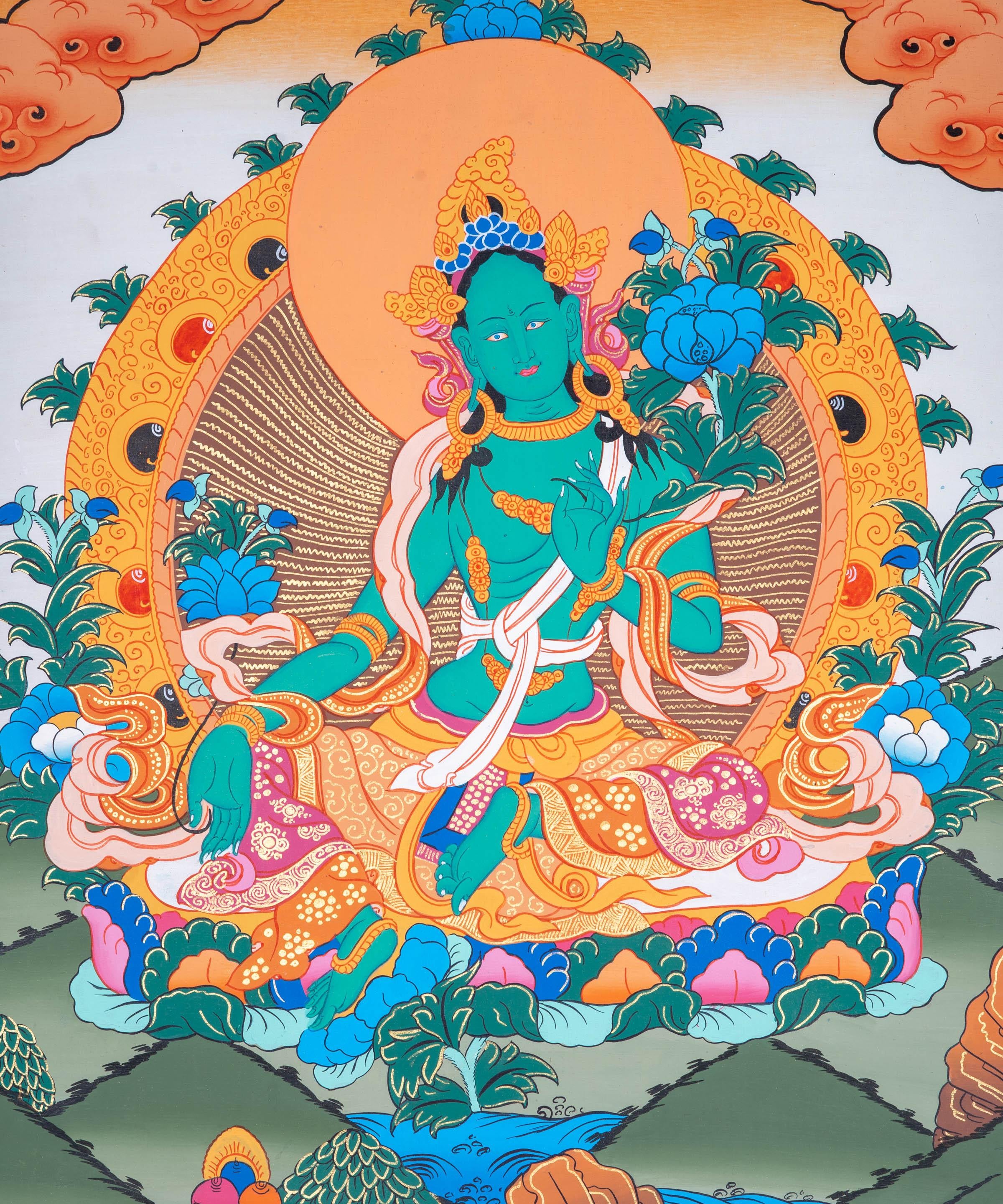 Beautiful Green Tara Tibetan Thangka Art - Himalayas Shop
