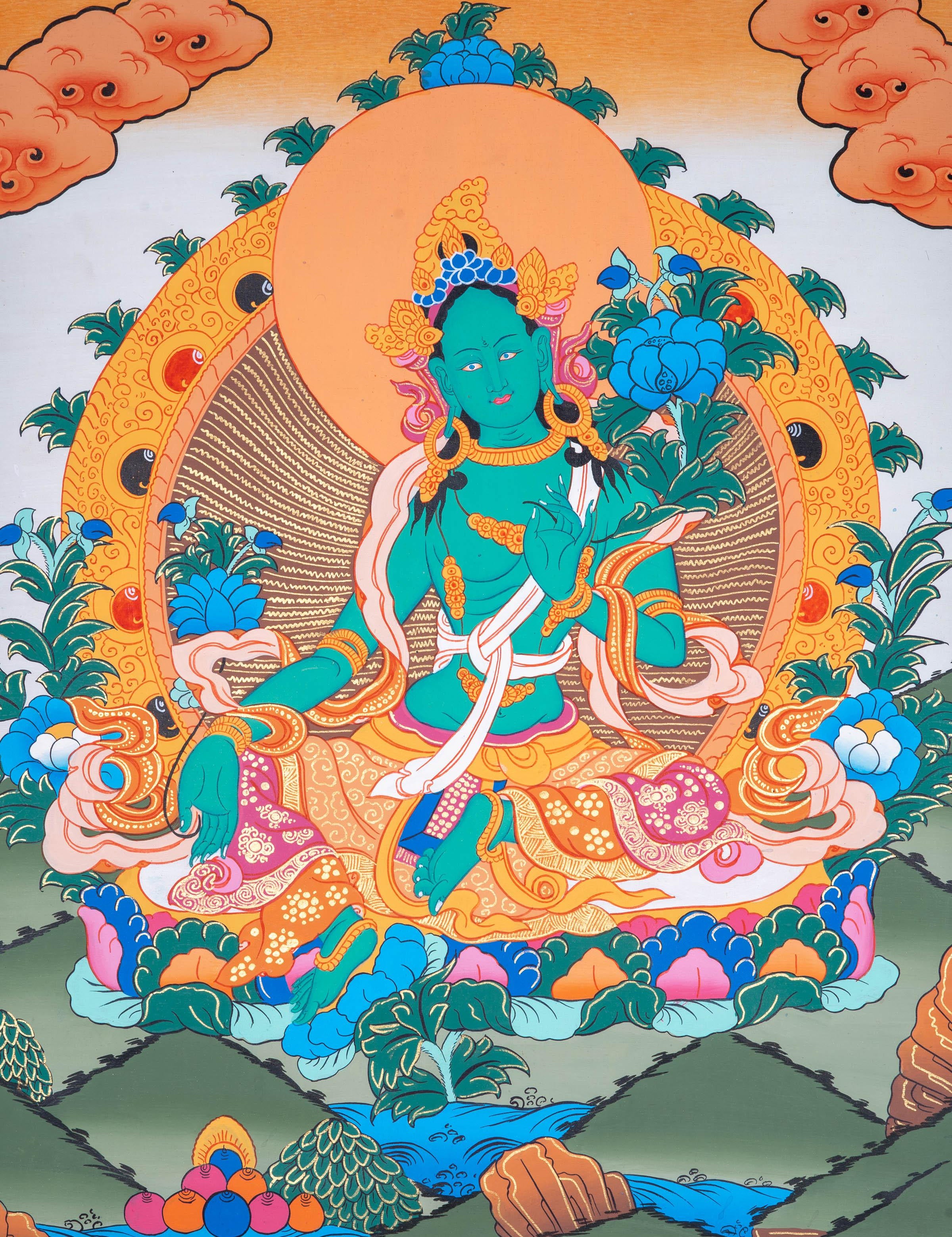Beautiful Green Tara Tibetan Thangka Art - Himalayas Shop