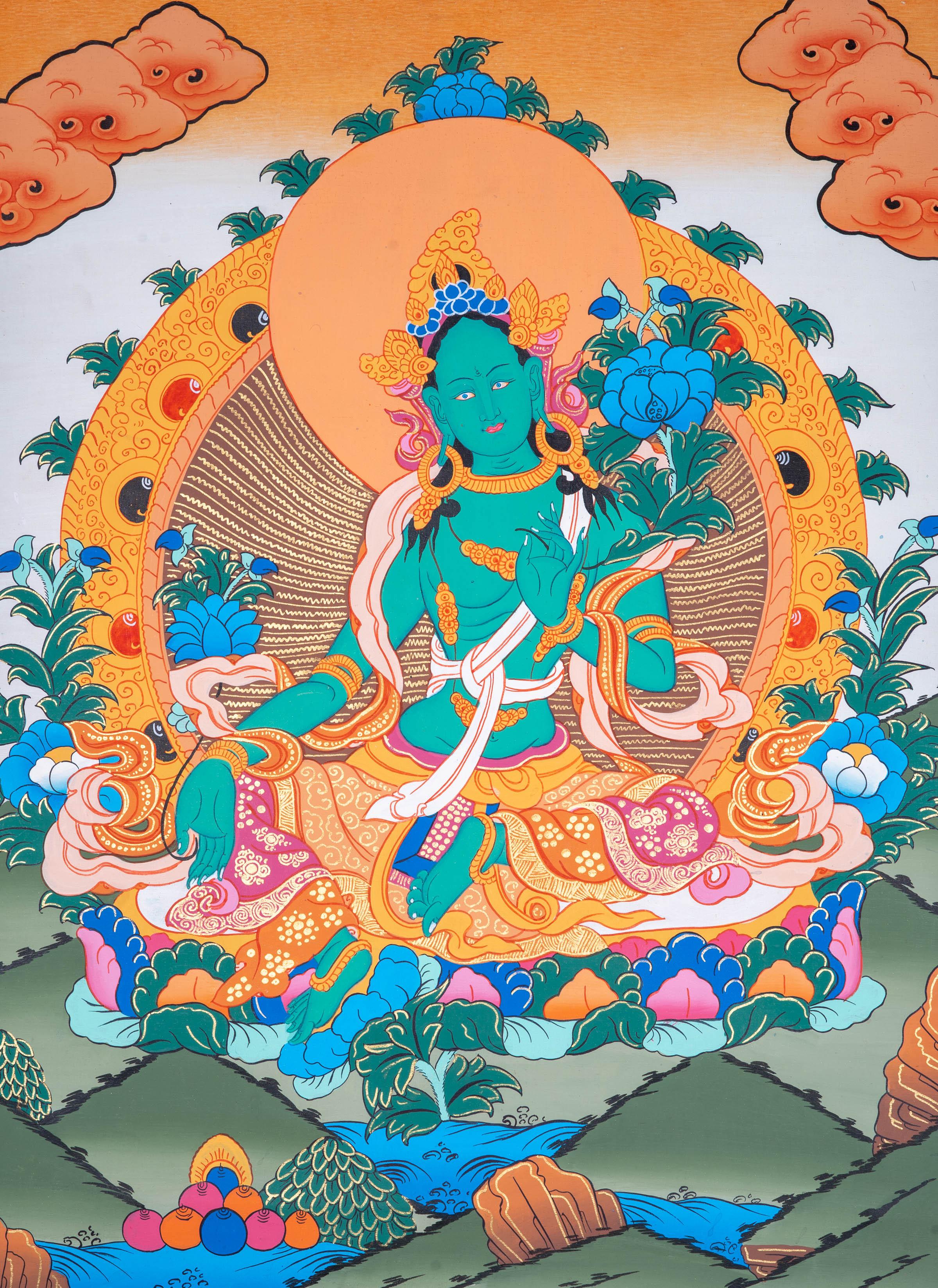 Beautiful Green Tara Tibetan Thangka Art - Himalayas Shop