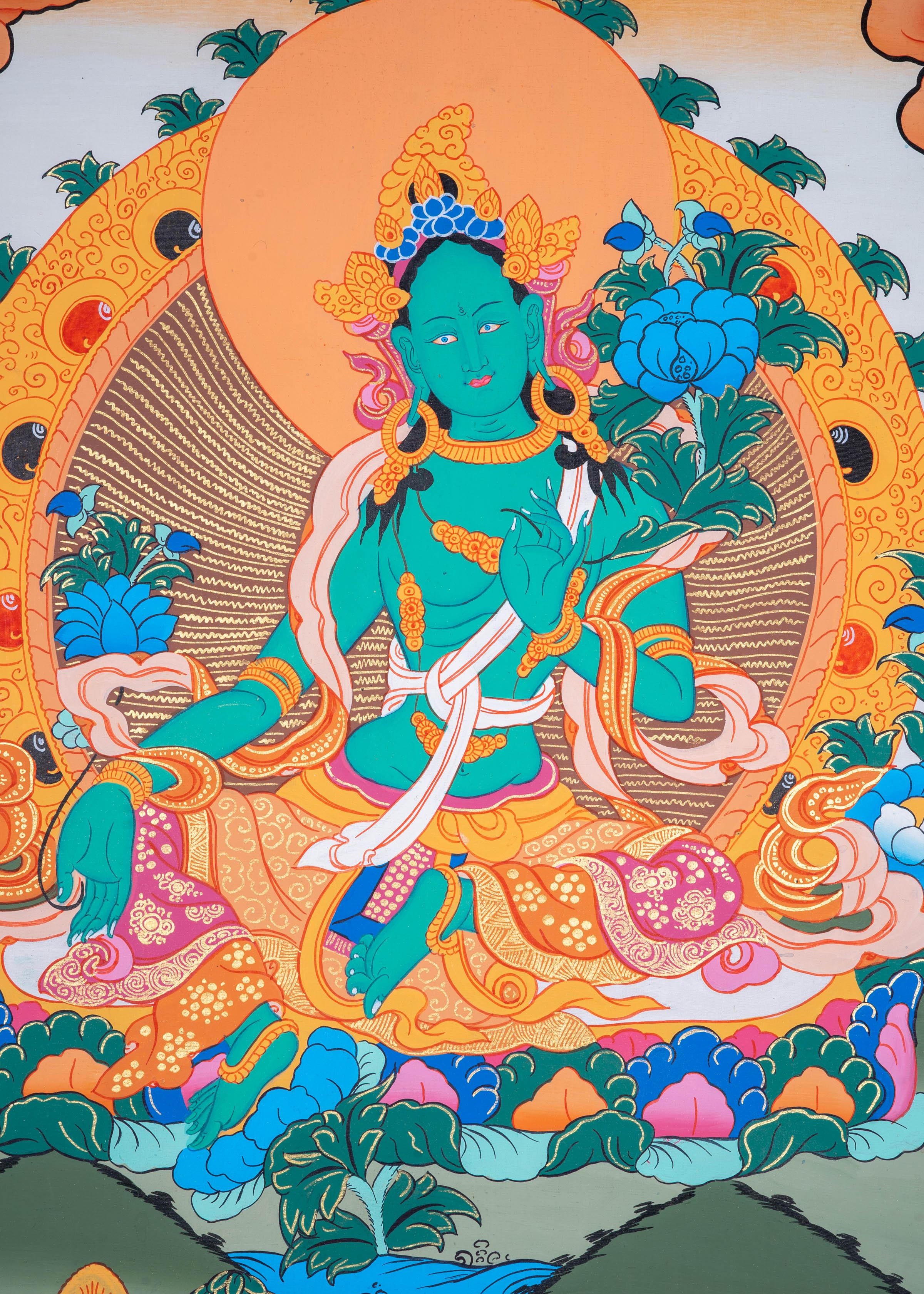 Beautiful Green Tara Tibetan Thangka Art - Himalayas Shop