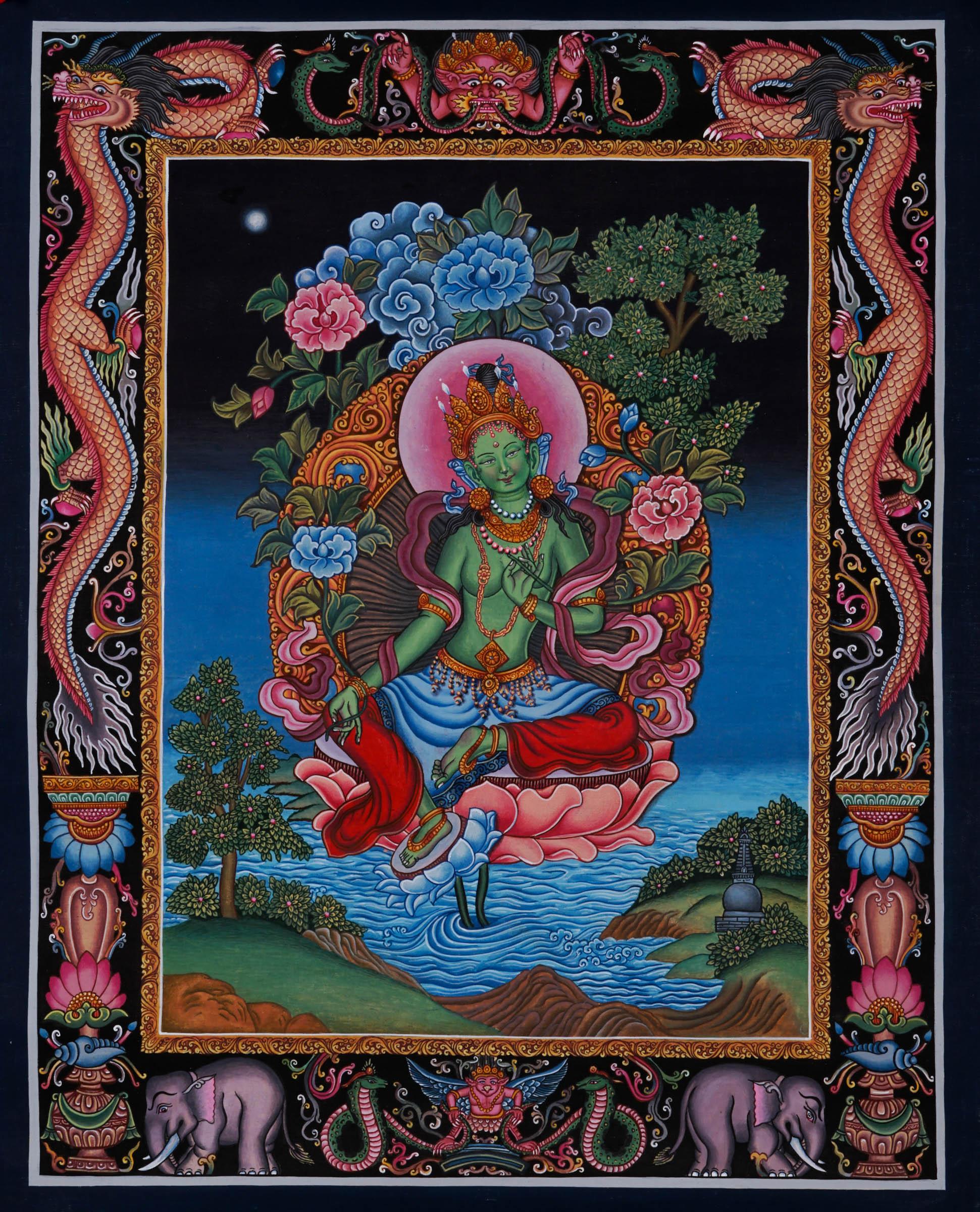 Newari Style - Green Tara thangka - Best handpainted thangka painting - HimalayasShop