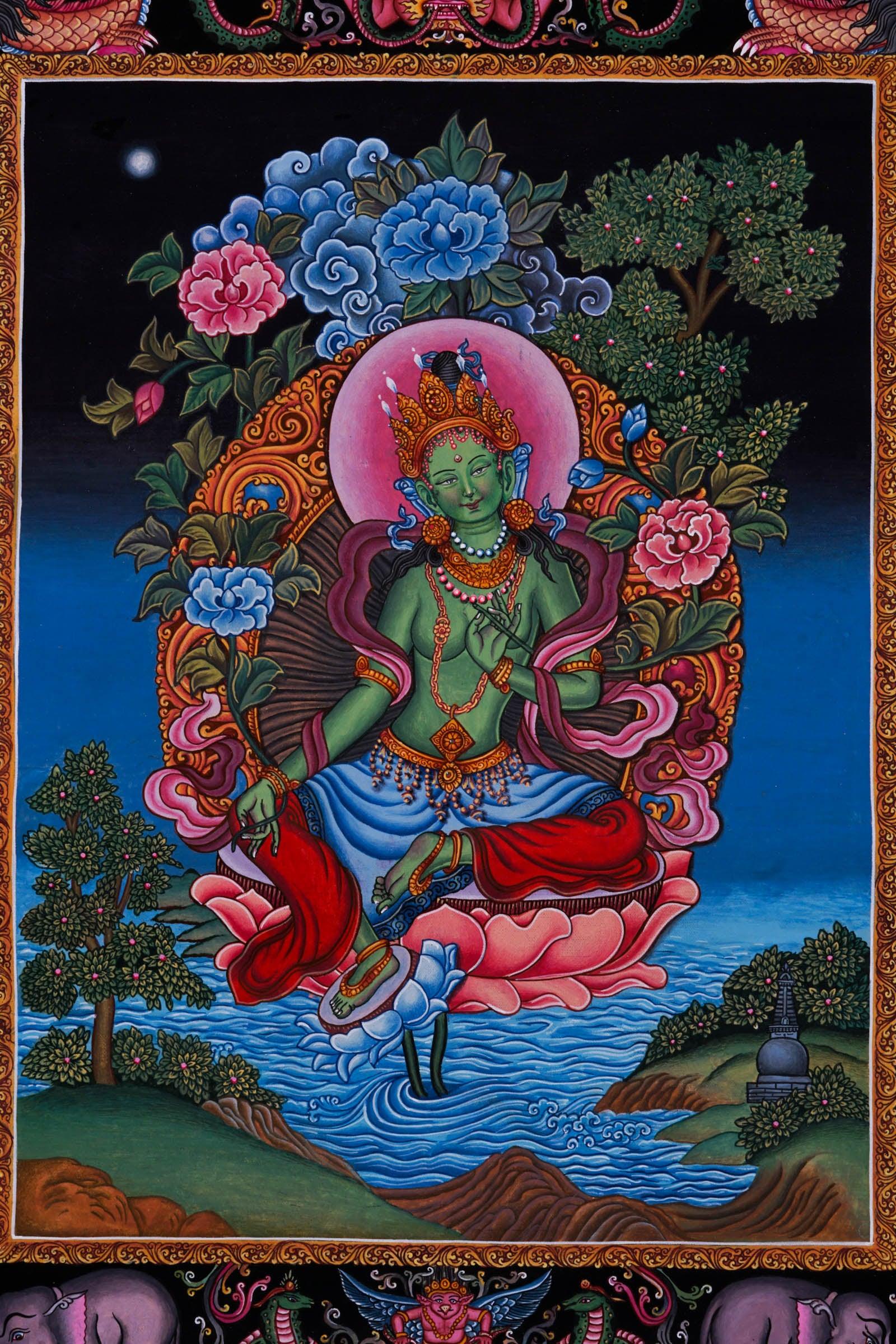 Newari Style - Green Tara thangka - Best handpainted thangka painting - HimalayasShop