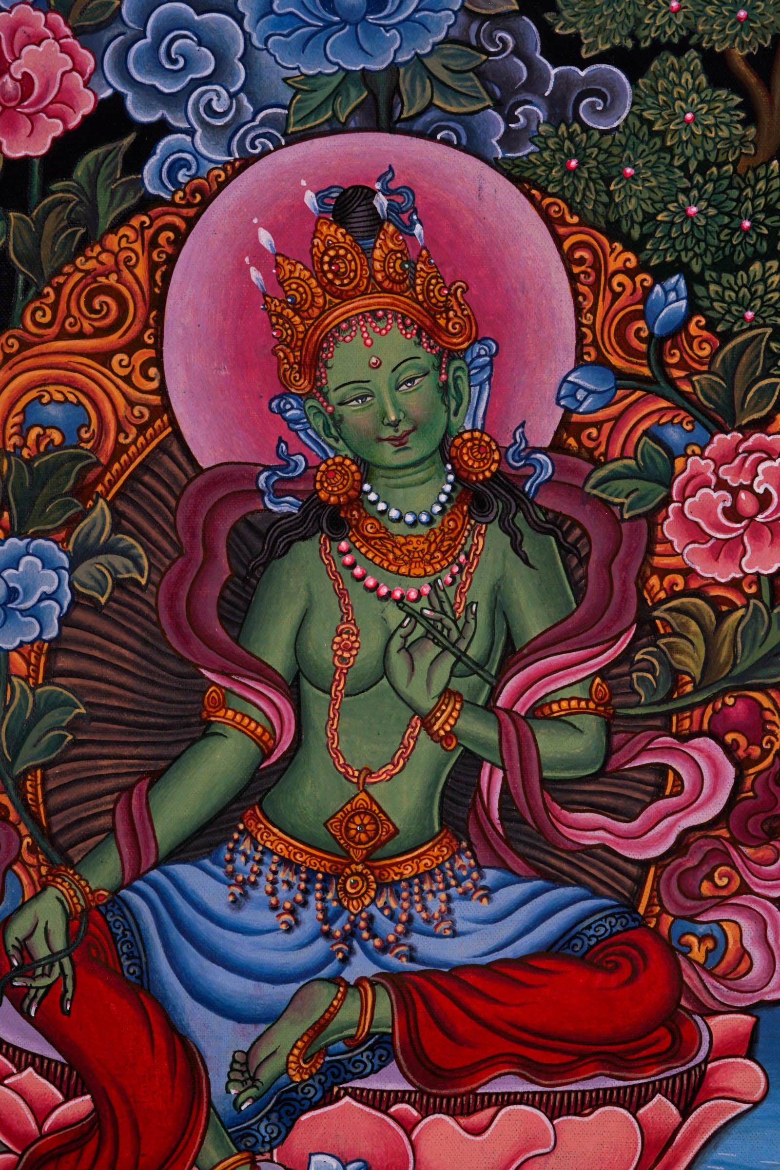 Newari Style - Green Tara thangka - Best handpainted thangka painting - HimalayasShop