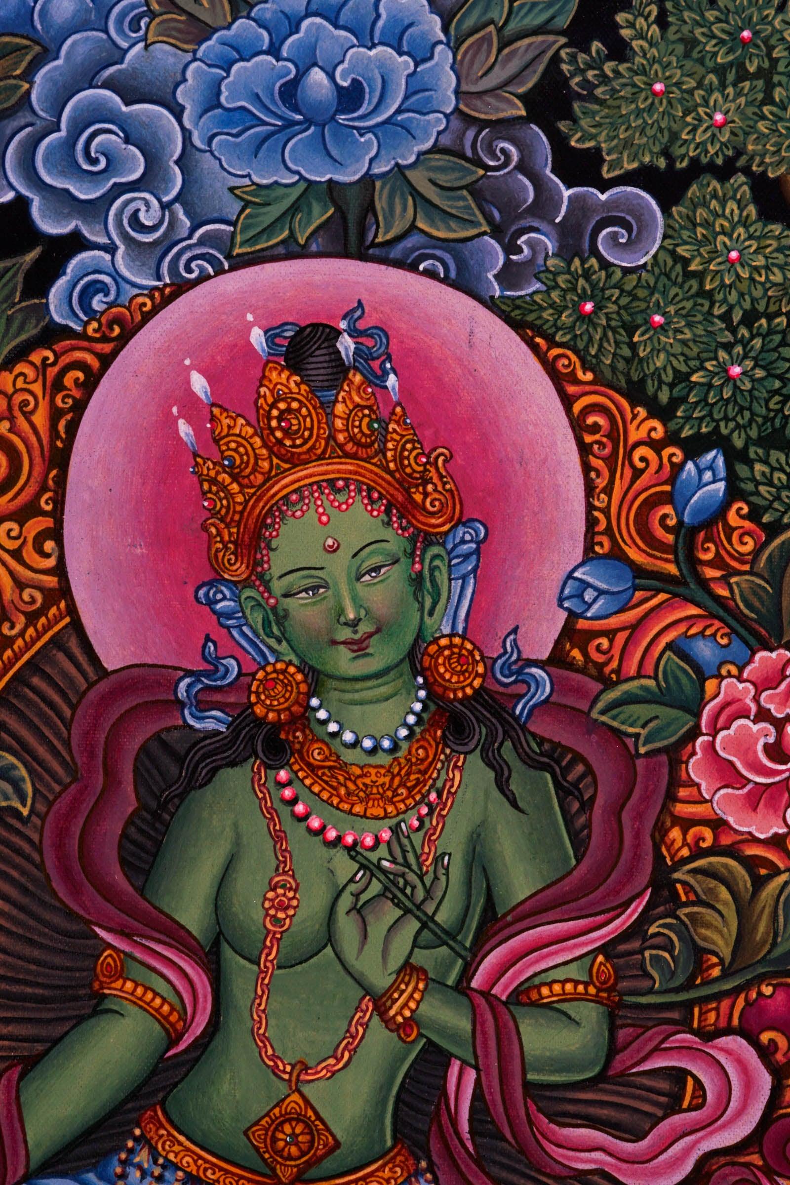 Newari Style - Green Tara thangka - Best handpainted thangka painting - HimalayasShop