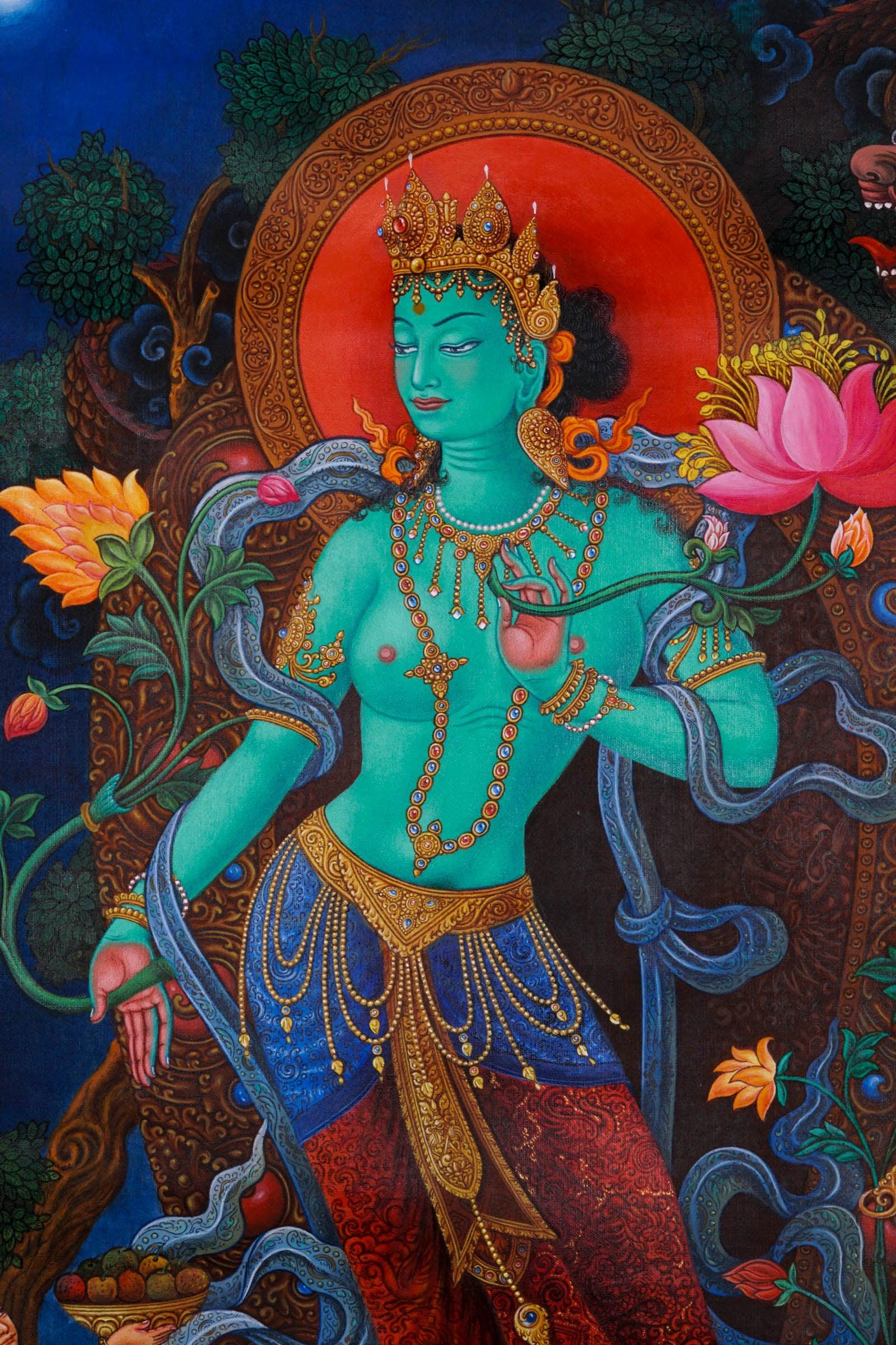 Newari Thangka - Green Tara - Best handpainted thangka painting - HimalayasShop